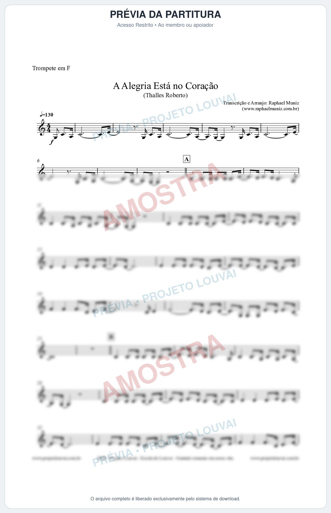 Prévia protegida da primeira página da partitura Partitura para Trompete em F - A Alegria Está no Coração (Tom F) - Thalles Roberto