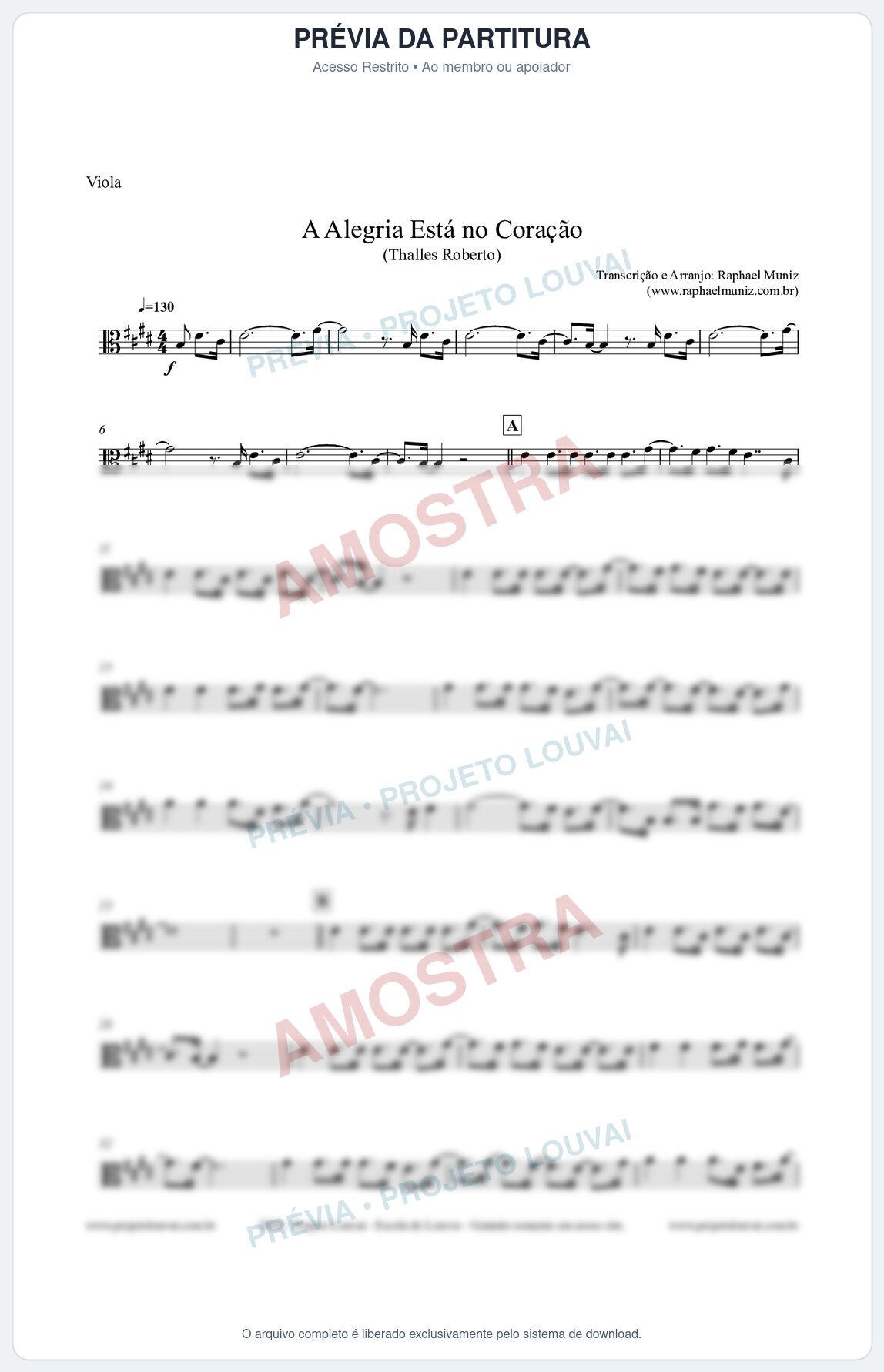 Prévia protegida da primeira página da partitura Partitura para Viola - A Alegria Está no Coração (Tom E) - Thalles Roberto