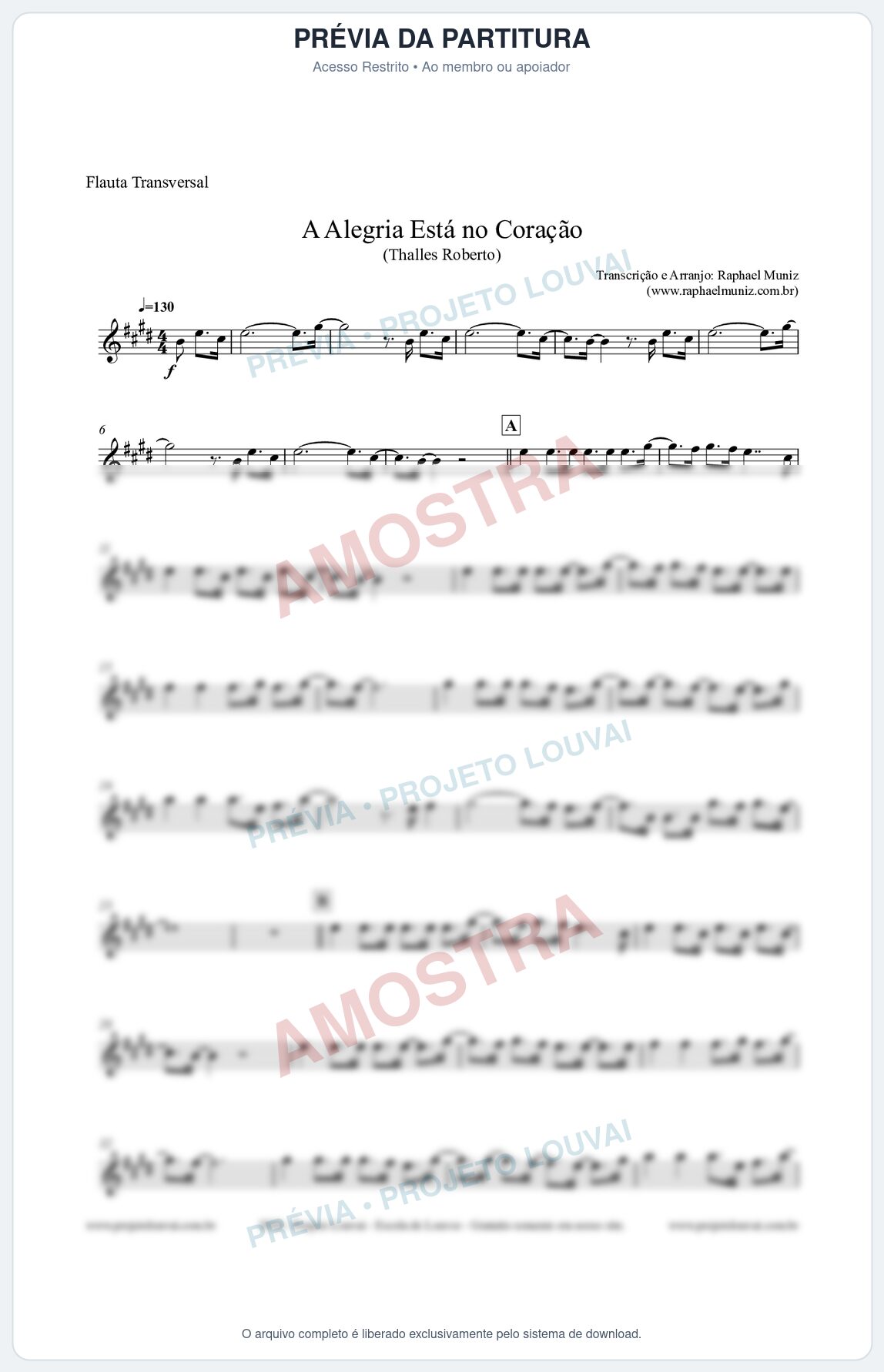 Prévia protegida da primeira página da partitura Partitura para Flauta Transversal - A Alegria Está no Coração (Tom E) - Thalles Roberto
