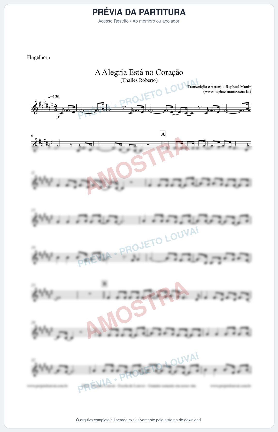 Prévia protegida da primeira página da partitura Partitura para Flugelhorn - A Alegria Está no Coração (Tom E) - Thalles Roberto