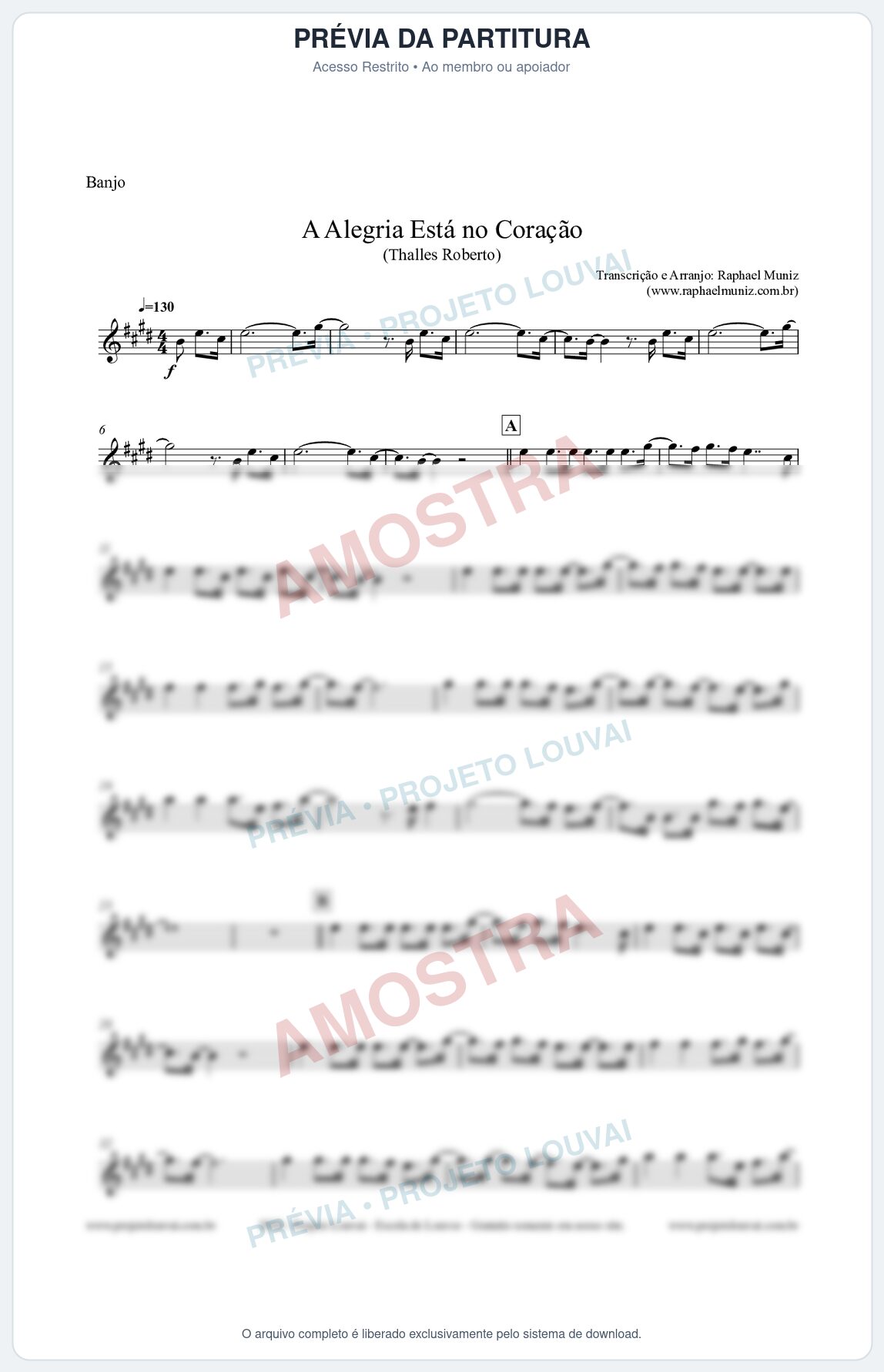 Prévia protegida da primeira página da partitura Partitura para Banjo - A Alegria Está no Coração (Tom E) - Thalles Roberto