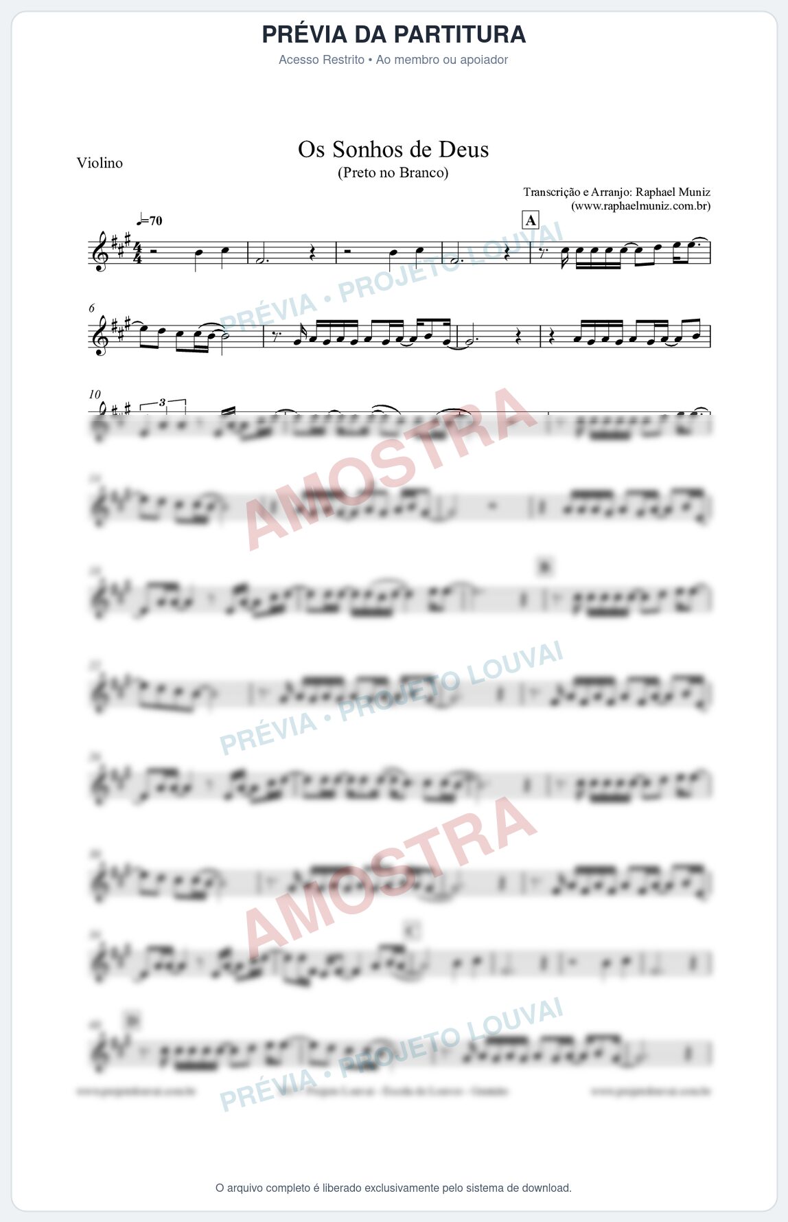 Prévia protegida da primeira página da partitura Partitura para Violino - Os Sonhos de Deus - Preto no Branco