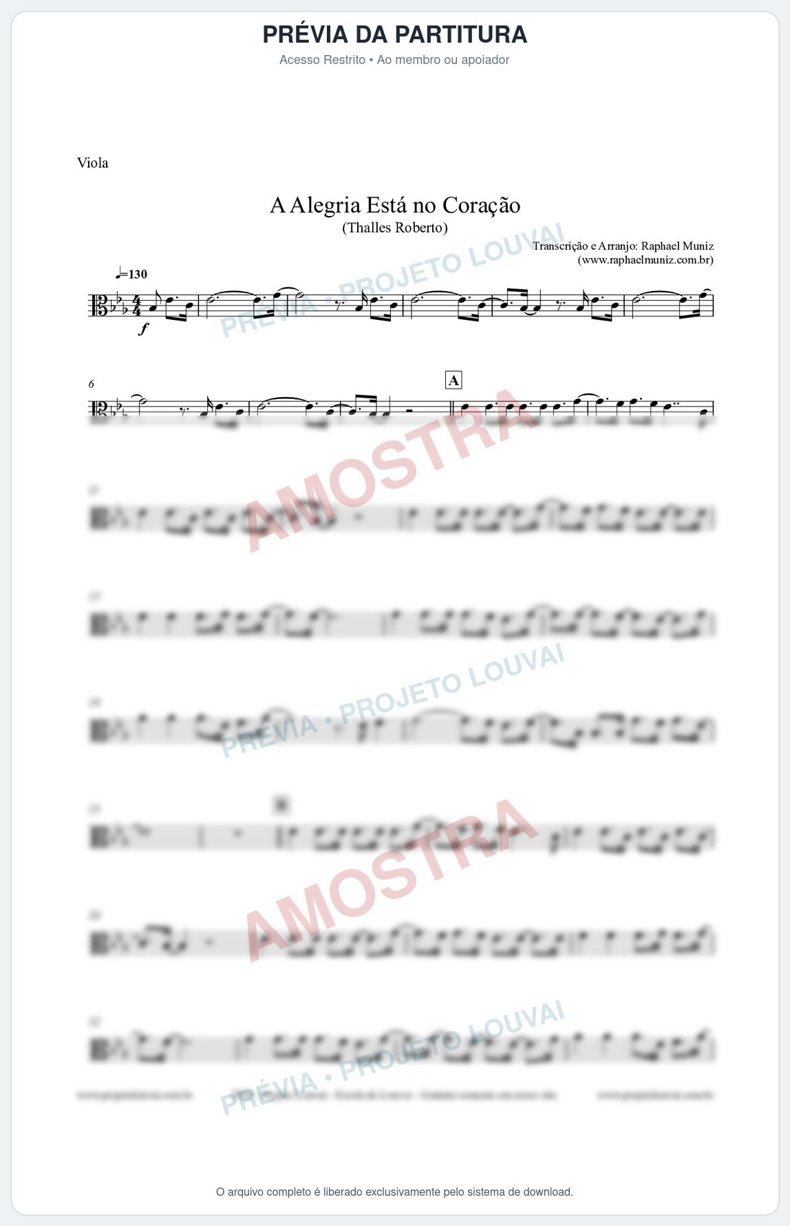 Prévia protegida da primeira página da partitura Partitura para Viola - A Alegria Está no Coração (Tom Eb) - Thalles Roberto