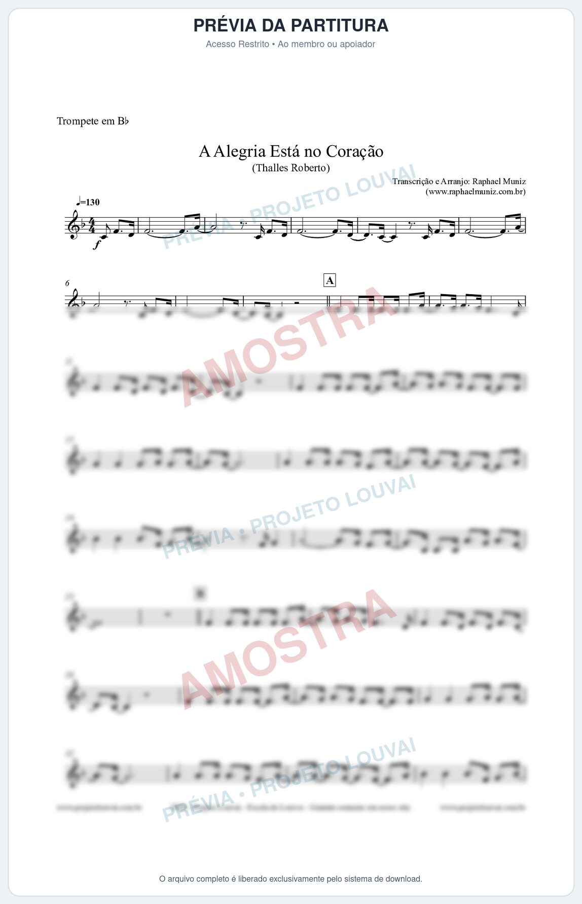 Prévia protegida da primeira página da partitura Partitura para Trompete em Bb - A Alegria Está no Coração (Tom Eb) - Thalles Roberto