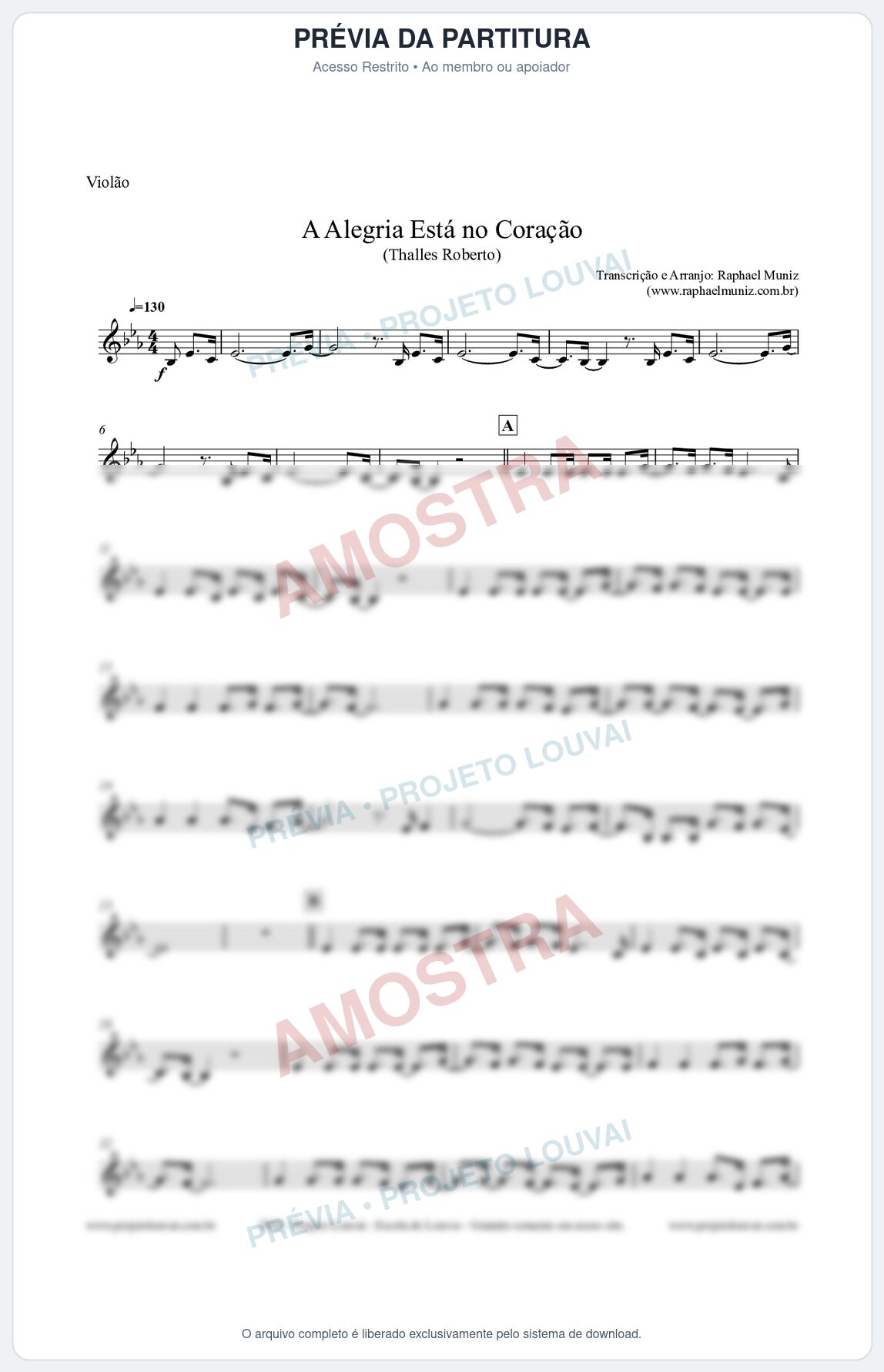 Prévia protegida da primeira página da partitura Partitura para Violão - A Alegria Está no Coração (Tom Eb) - Thalles Roberto