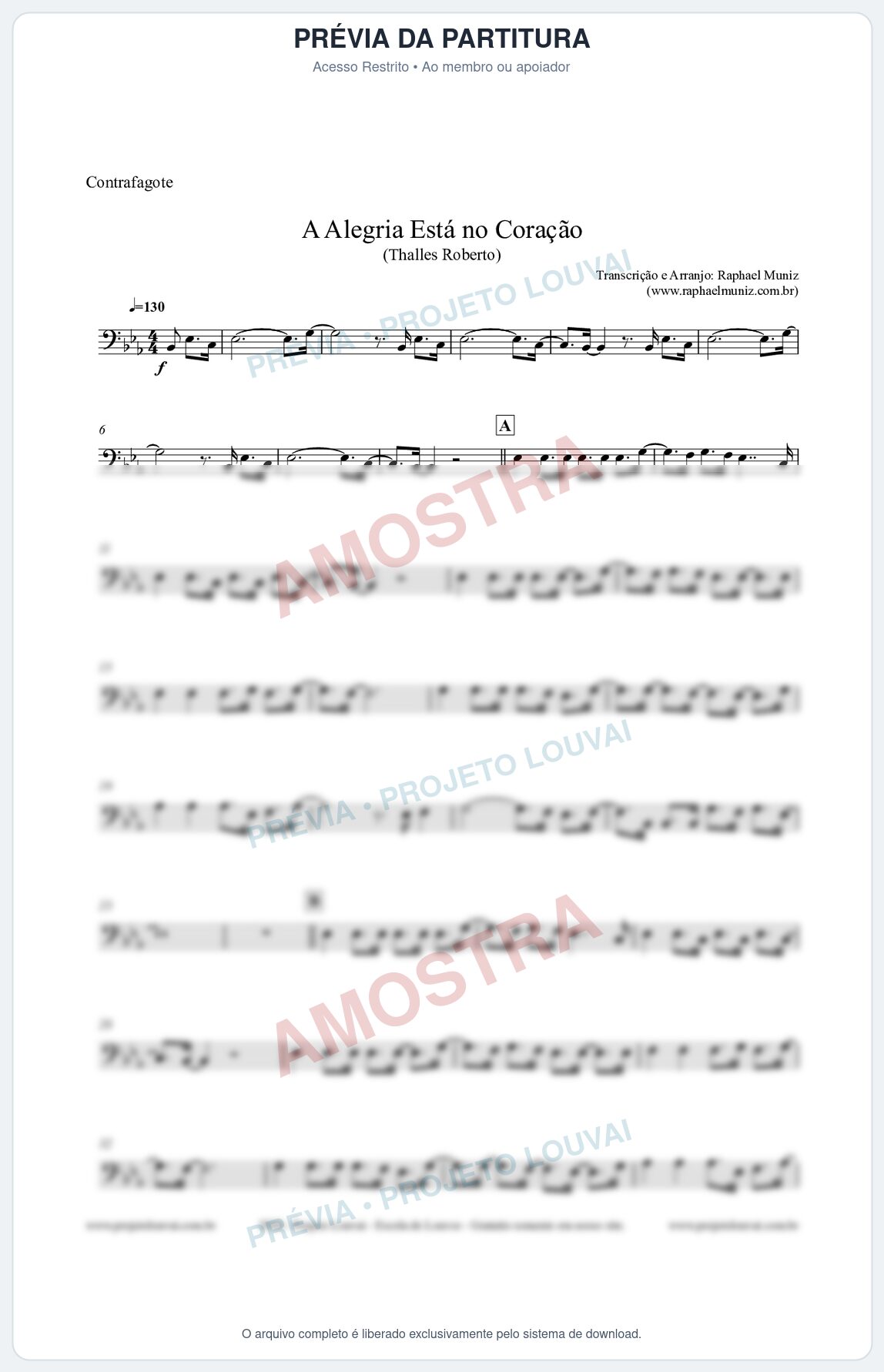 Prévia protegida da primeira página da partitura Partitura para Contrafagote - A Alegria Está no Coração (Tom Eb) - Thalles Roberto