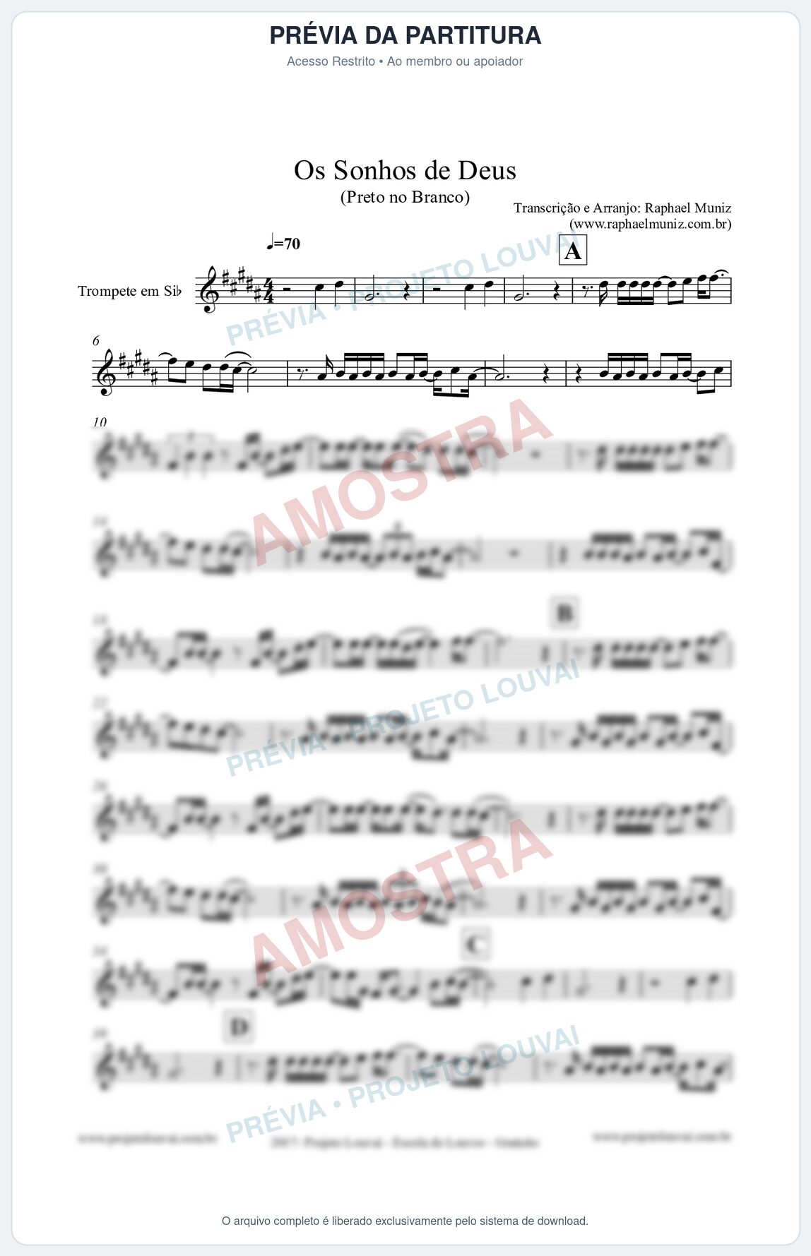 Prévia protegida da primeira página da partitura Partitura para Trompete - Os Sonhos de Deus - Preto no Branco