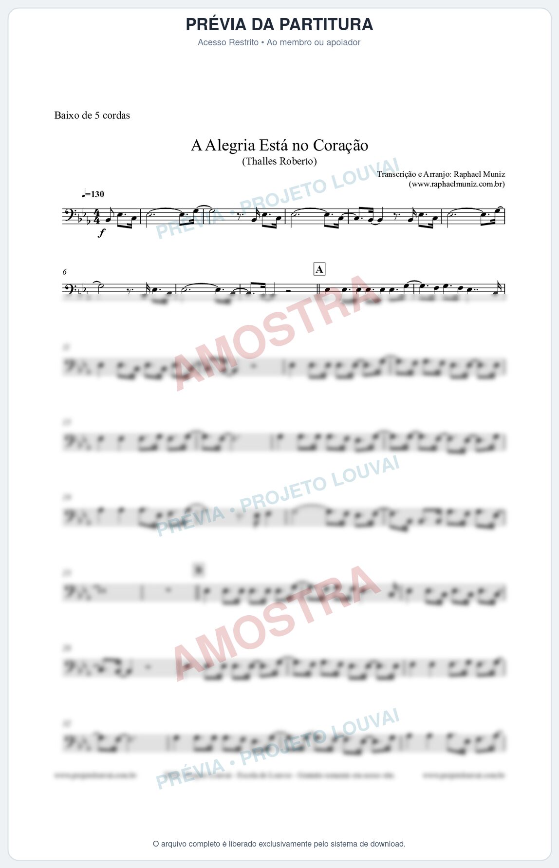 Prévia protegida da primeira página da partitura Partitura para Baixo de 5 cordas - A Alegria Está no Coração (Tom Eb) - Thalles Roberto