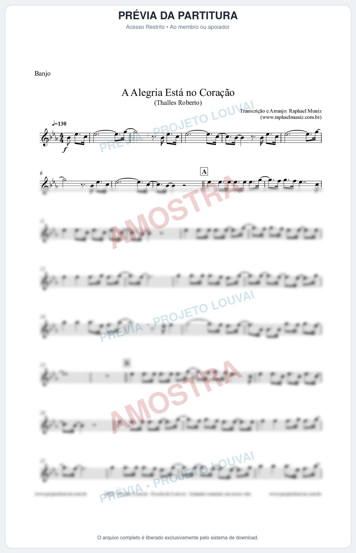 Prévia protegida da primeira página da partitura Partitura para Banjo - A Alegria Está no Coração (Tom Eb) - Thalles Roberto