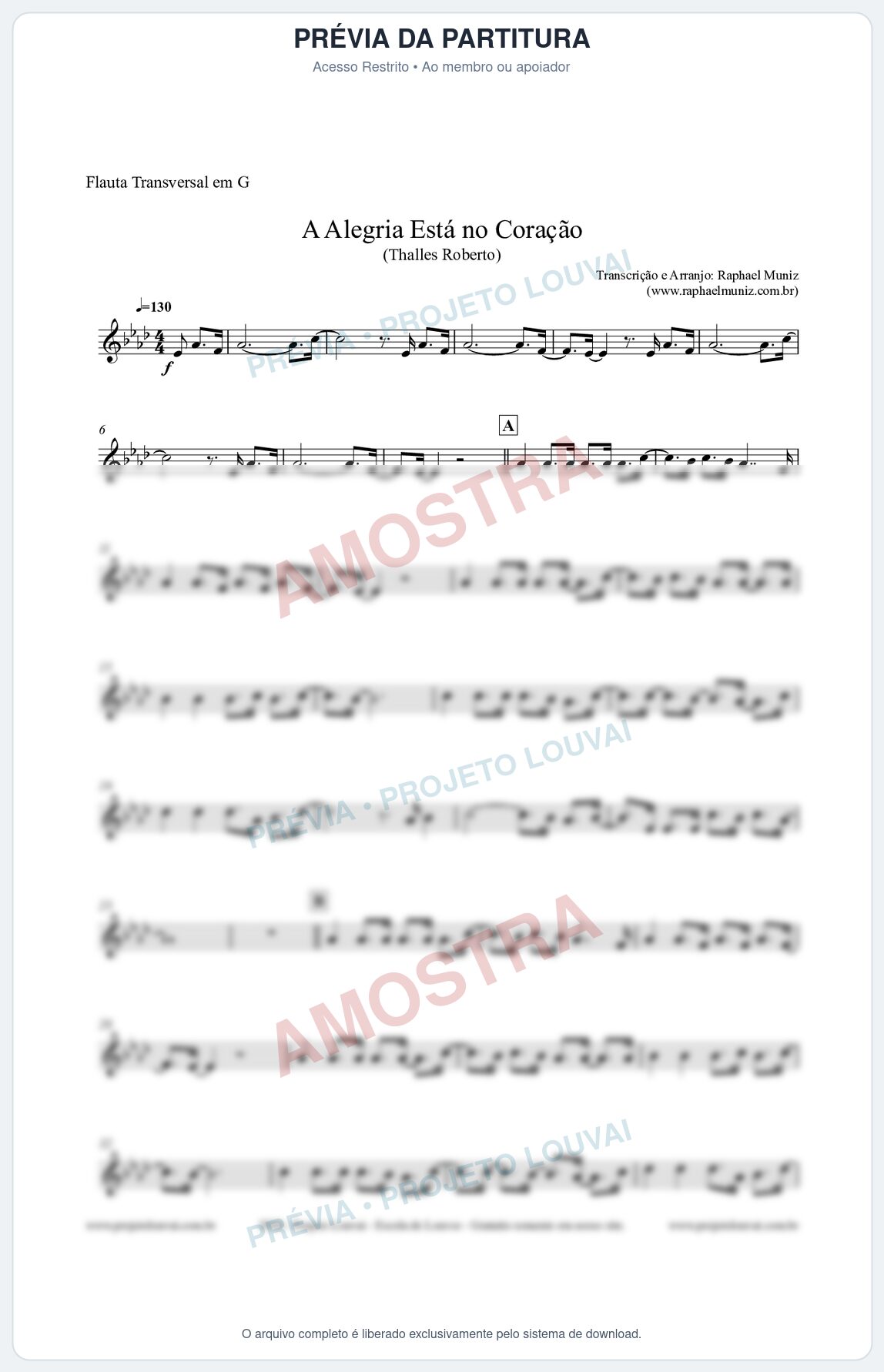 Prévia protegida da primeira página da partitura Partitura para Flauta Transversal em G - A Alegria Está no Coração (Tom Eb) - Thalles Roberto