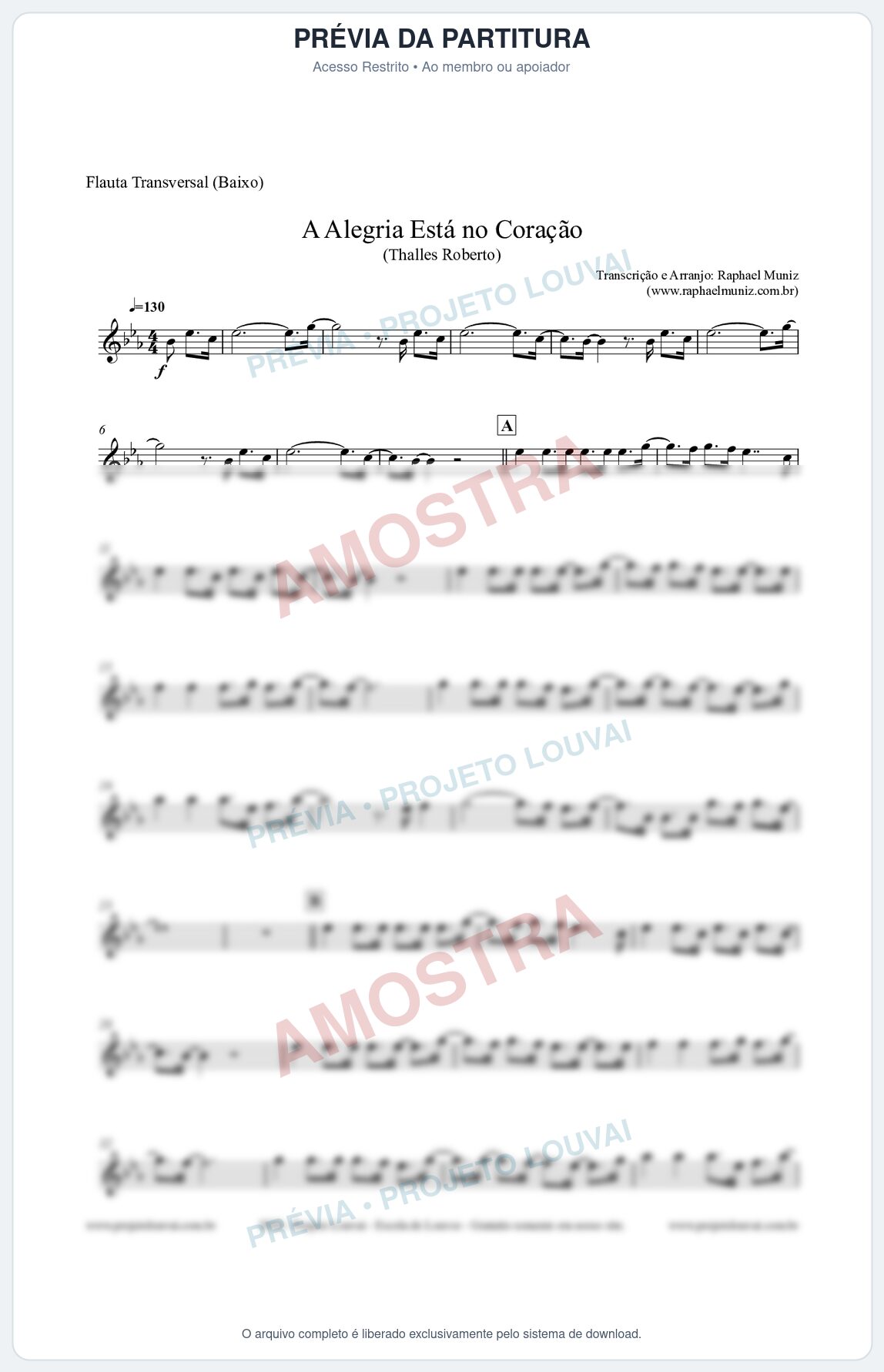 Prévia protegida da primeira página da partitura Partitura para Flauta Transversal Baixo - A Alegria Está no Coração (Tom Eb) - Thalles Roberto