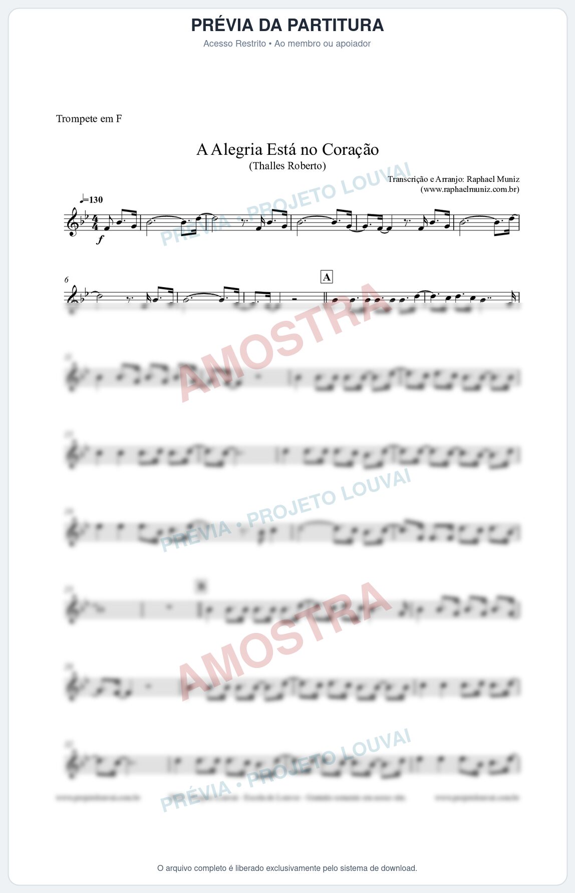 Prévia protegida da primeira página da partitura Partitura para Trompete em F - A Alegria Está no Coração (Tom Eb) - Thalles Roberto