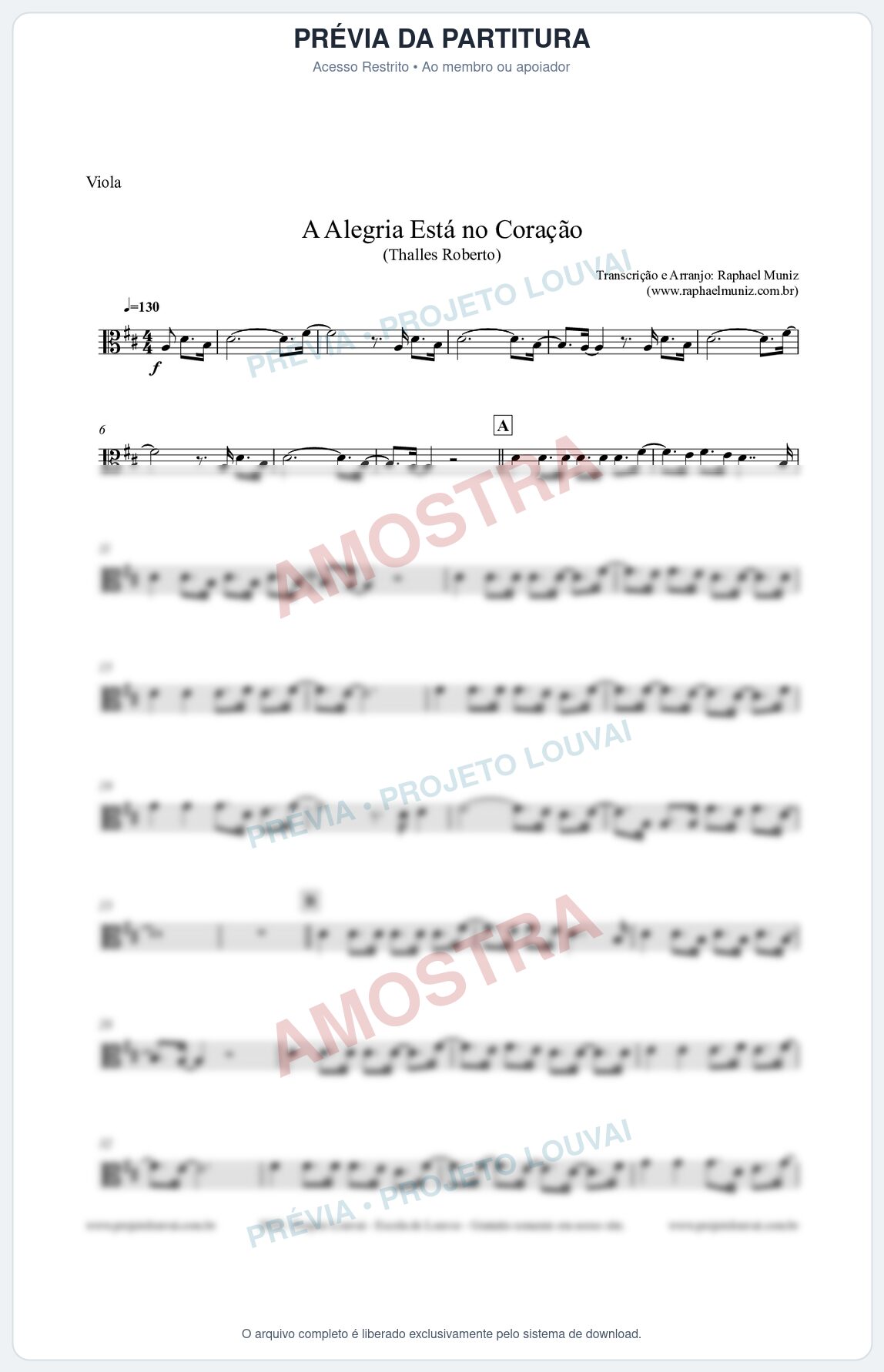 Prévia protegida da primeira página da partitura Partitura para Viola - A Alegria Está no Coração (Tom D) - Thalles Roberto