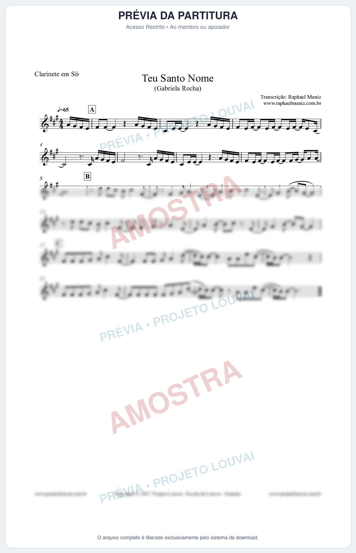 Prévia protegida da primeira página da partitura Partitura para Clarinete - Teu Santo Nome - Gabriela Rocha