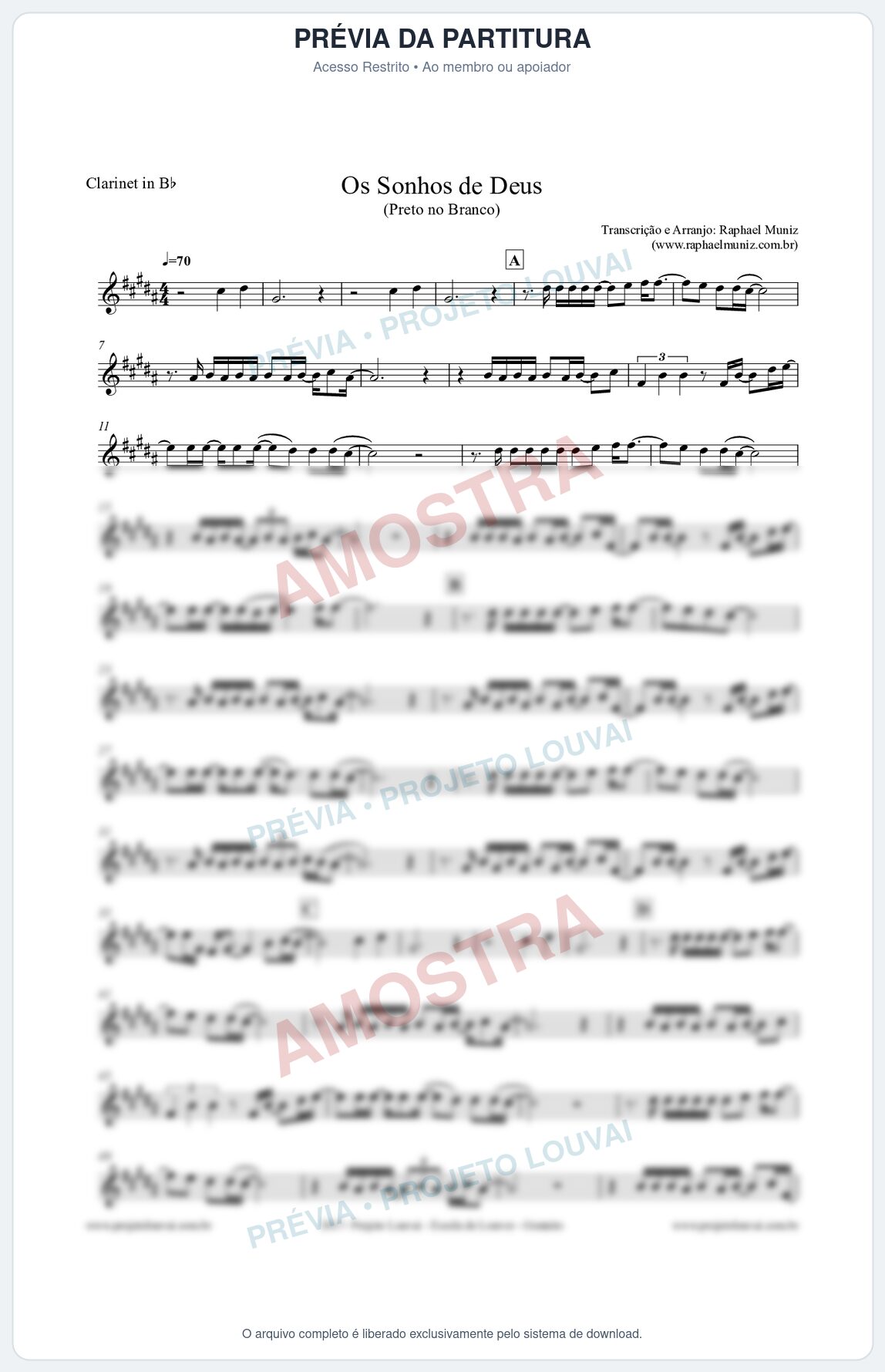 Prévia protegida da primeira página da partitura Partitura para Clarinete - Os Sonhos de Deus - Preto no Branco