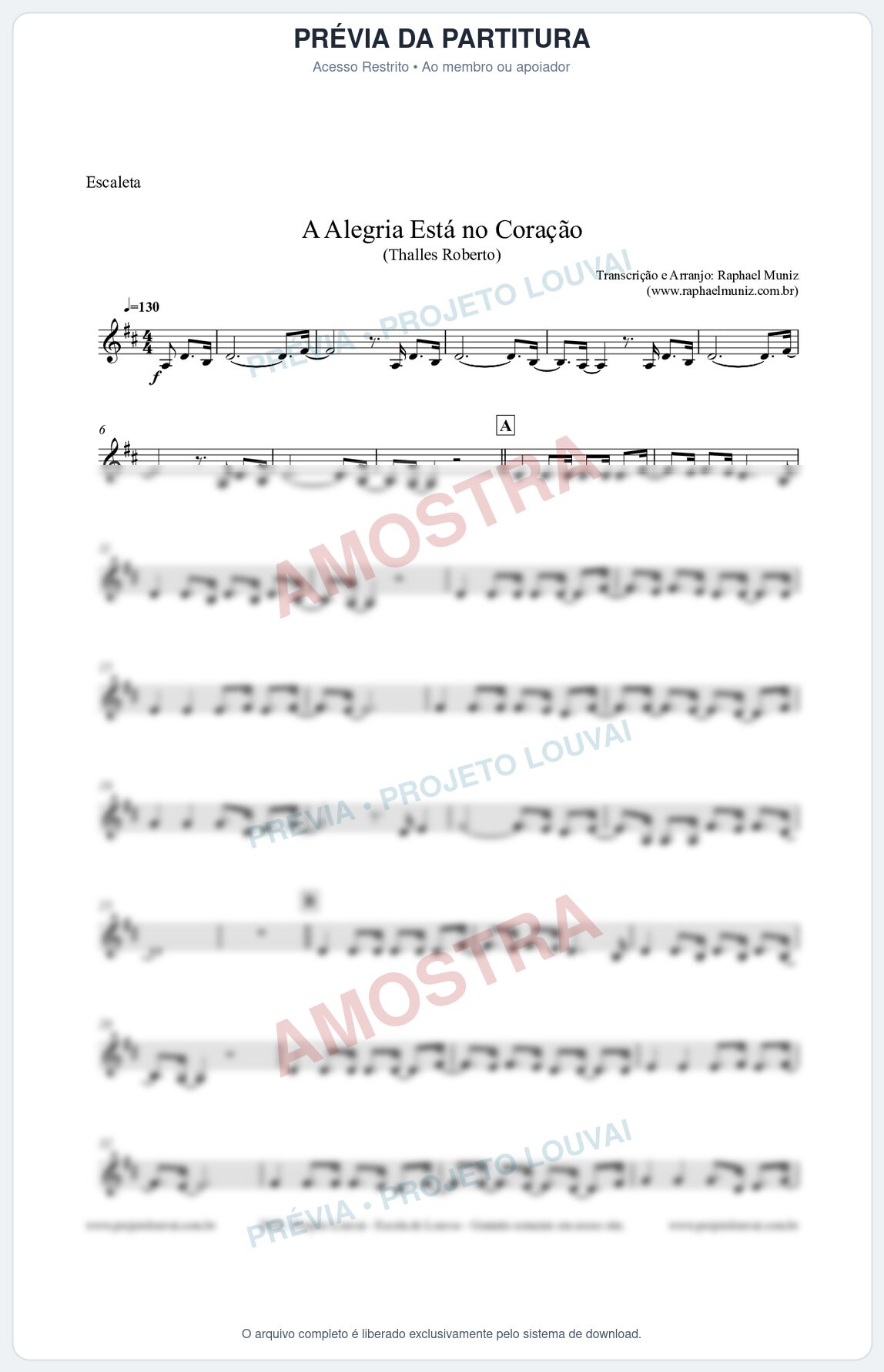 Prévia protegida da primeira página da partitura Partitura para Escaleta - A Alegria Está no Coração (Tom D) - Thalles Roberto