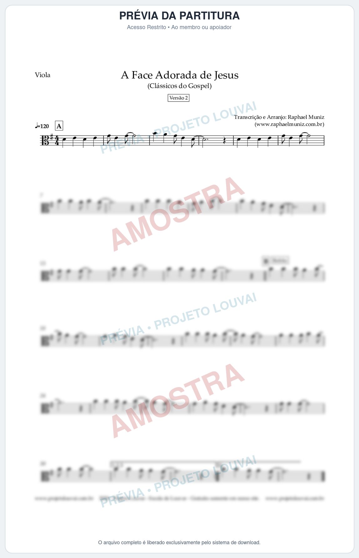 Prévia protegida da primeira página da partitura Partitura para Viola - A Face Adorada de Jesus - Harpa Cristã nº 304 (Versão 2) (Tom G) - Clássicos do Gospel