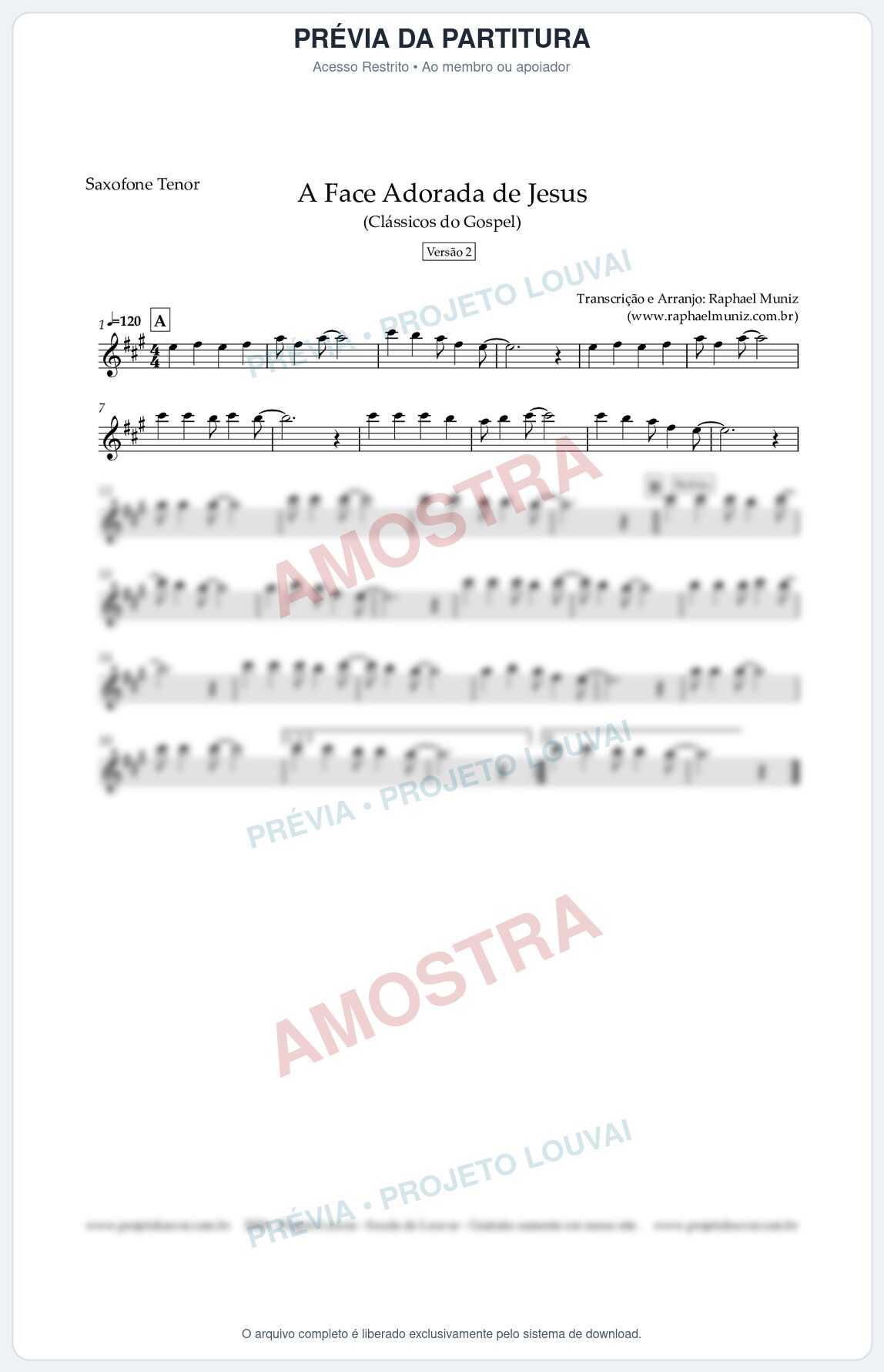 Prévia protegida da primeira página da partitura Partitura para Saxofone Tenor - A Face Adorada de Jesus - Harpa Cristã 304 (Versão 2) (Tom G) - Clássicos do Gospel