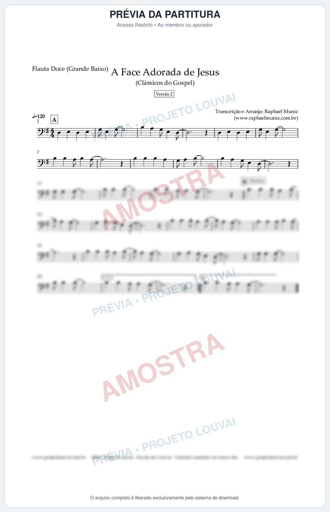 Prévia protegida da primeira página da partitura Partitura para Flauta Doce (Grande Baixo) - A Face Adorada de Jesus - Harpa Cristã 304 (Versão 2) (Tom G) - Clássicos do Gospel