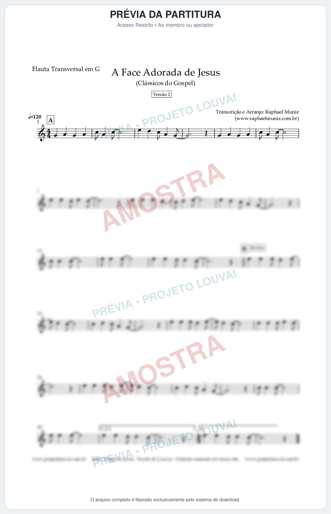 Prévia protegida da primeira página da partitura Partitura para Flauta Transversal em G - A Face Adorada de Jesus - Harpa Cristã 304 (Versão 2) (Tom G) - Clássicos do Gospel