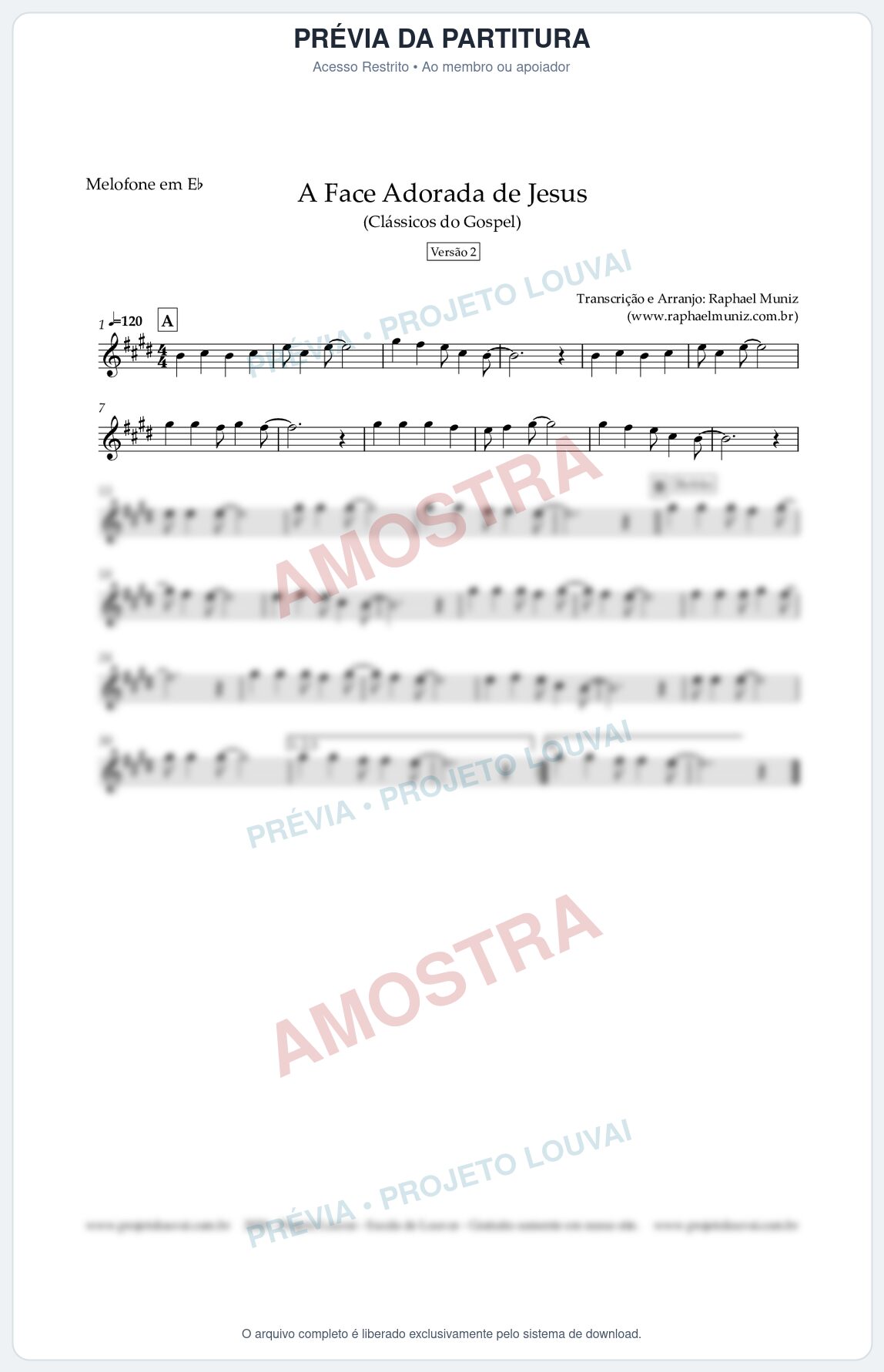 Prévia protegida da primeira página da partitura Partitura para Melofone em Eb - A Face Adorada de Jesus - Harpa Cristã 304 (Versão 2) (Tom G) - Clássicos do Gospel