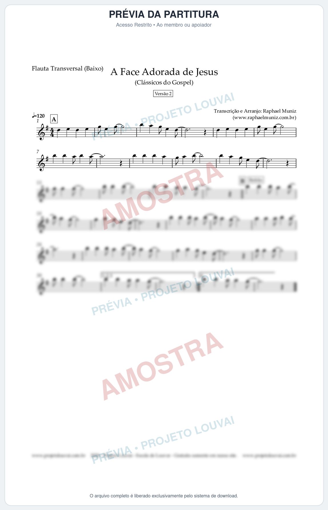 Prévia protegida da primeira página da partitura Partitura para Flauta Transversal (Baixo) - A Face Adorada de Jesus - Harpa Cristã 304 (Versão 2) (Tom G) - Clássicos do Gospel