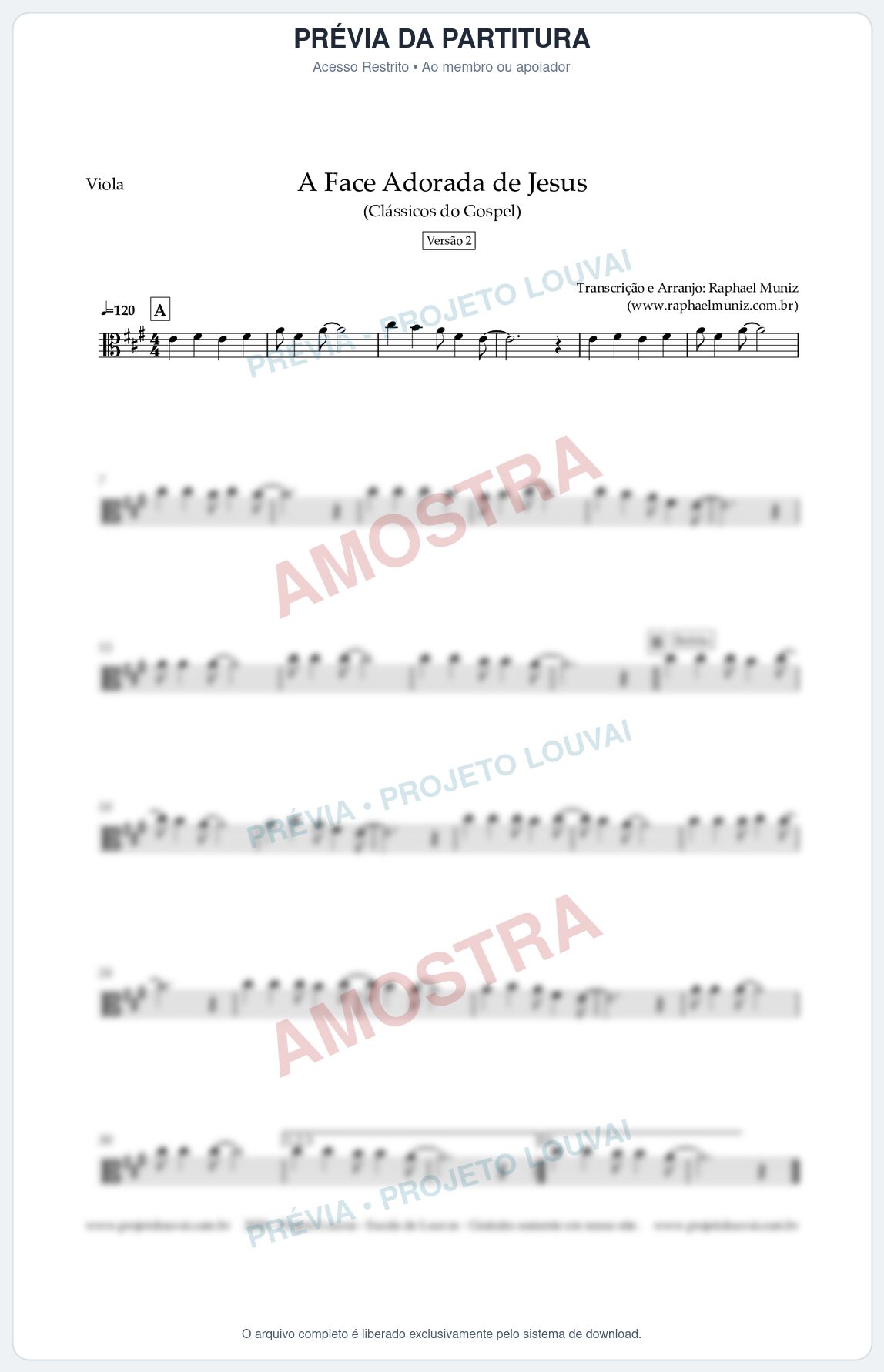 Prévia protegida da primeira página da partitura Partitura para Viola - A Face Adorada de Jesus - Harpa Cristã 304 (Versão 2) (Tom A) - Clássicos do Gospel