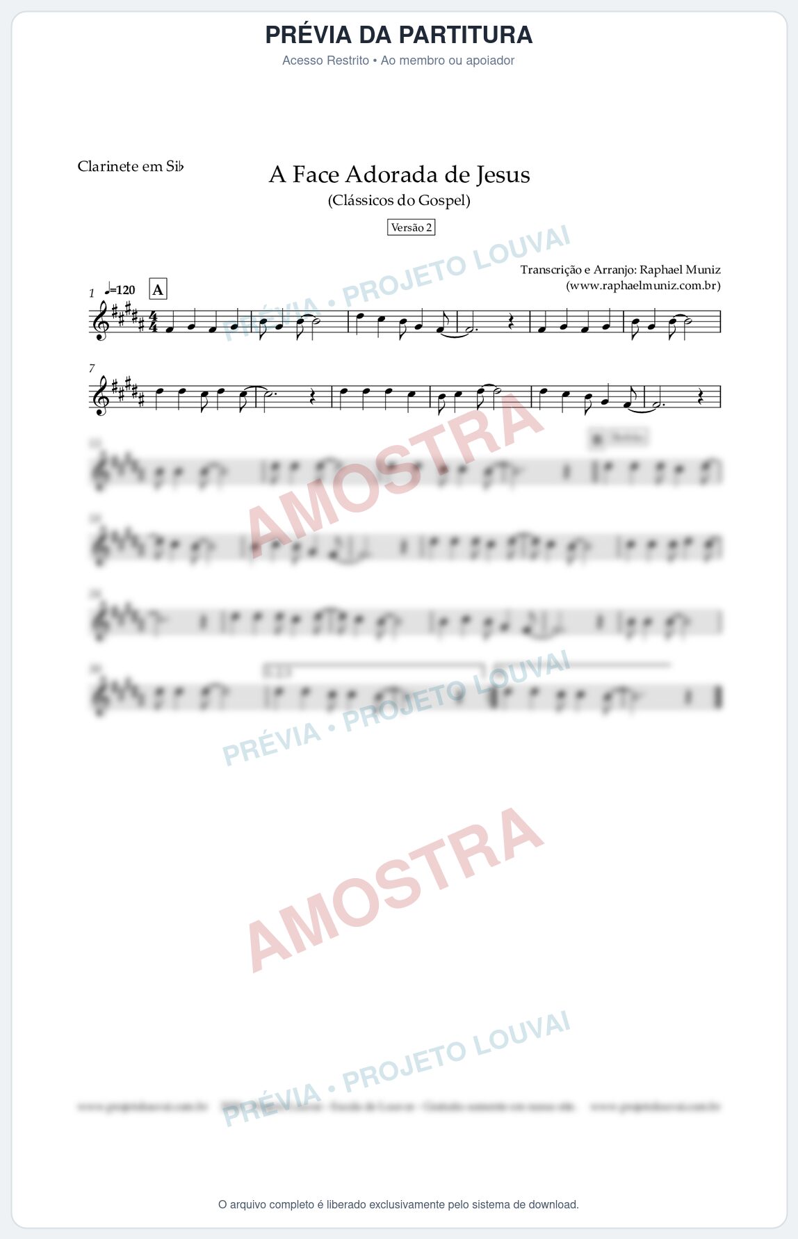 Prévia protegida da primeira página da partitura Partitura para Clarinete em Bb - A Face Adorada de Jesus - Harpa Cristã 304 (Versão 2) (Tom A) - Clássicos do Gospel