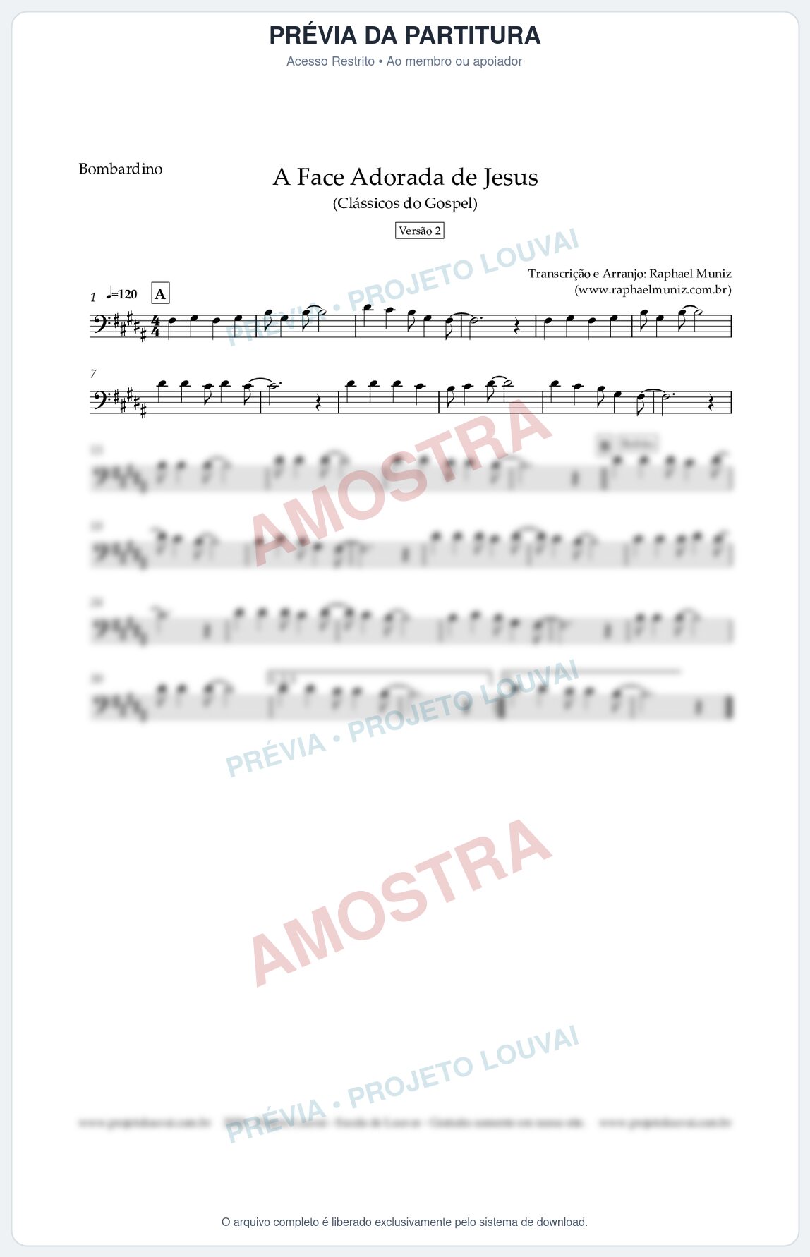 Prévia protegida da primeira página da partitura Partitura para Bombardino - A Face Adorada de Jesus - Harpa Cristã 304 (Versão 2) (Tom A) - Clássicos do Gospel