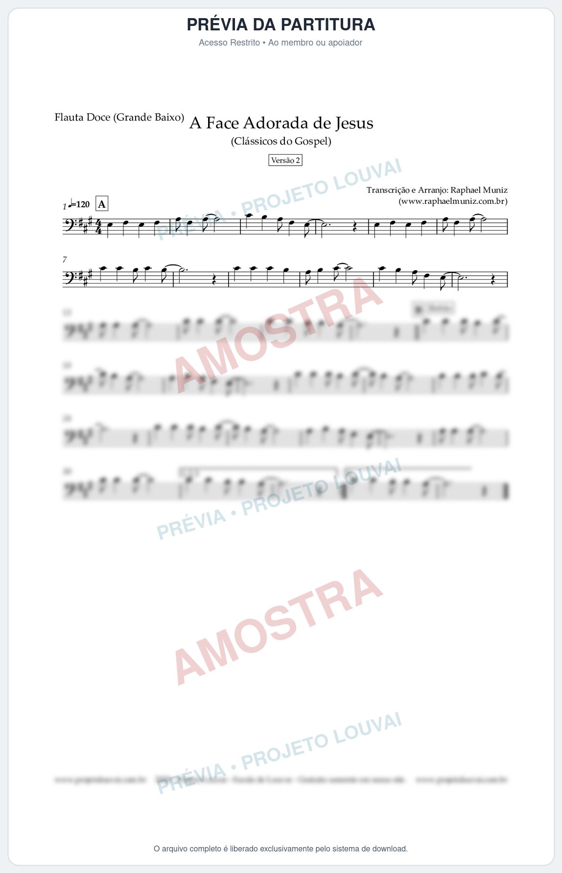 Prévia protegida da primeira página da partitura Partitura para Flauta Doce (Grande Baixo) - A Face Adorada de Jesus - Harpa Cristã 304 (Versão 2) (Tom A) - Clássicos do Gospel