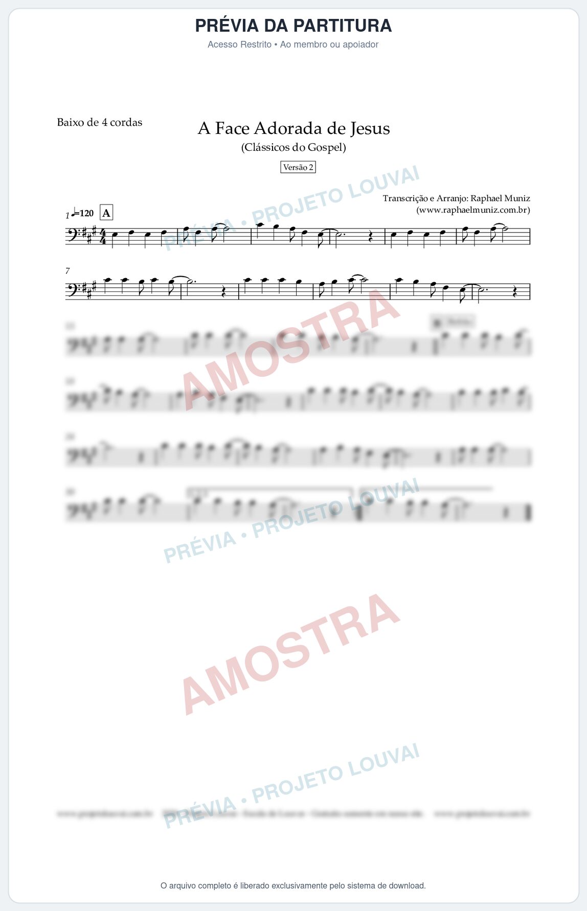 Prévia protegida da primeira página da partitura Partitura para Baixo de 4 cordas - A Face Adorada de Jesus - Harpa Cristã 304 (Versão 2) (Tom A) - Clássicos do Gospel