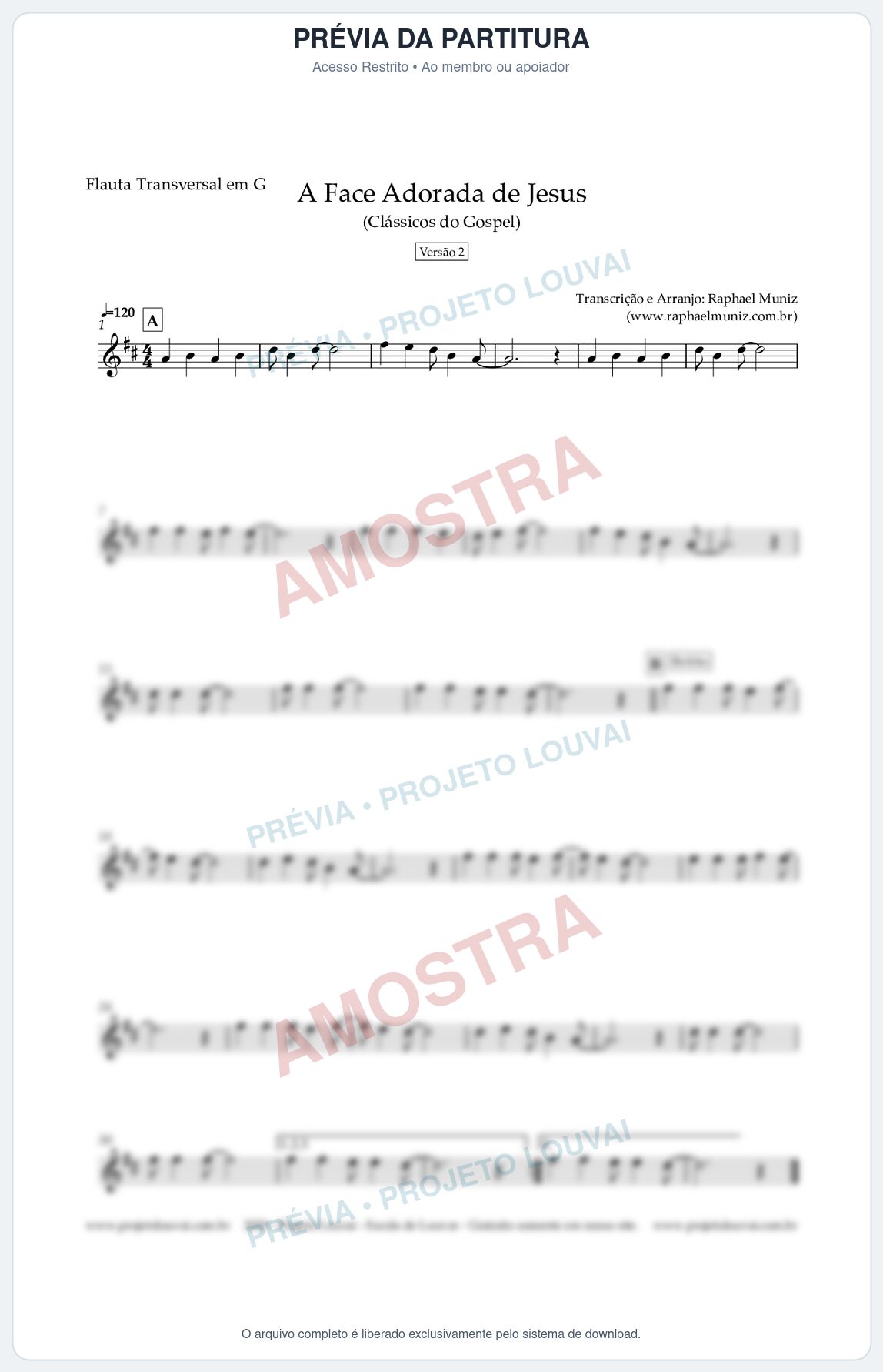 Prévia protegida da primeira página da partitura Partitura para Flauta Transversal em G - A Face Adorada de Jesus - Harpa Cristã 304 (Versão 2) (Tom A) - Clássicos do Gospel