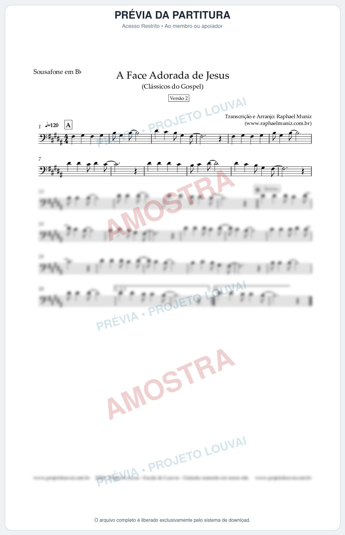 Prévia protegida da primeira página da partitura Partitura para Sousafone em Bb - A Face Adorada de Jesus - Harpa Cristã 304 (Versão 2) (Tom A) - Clássicos do Gospel