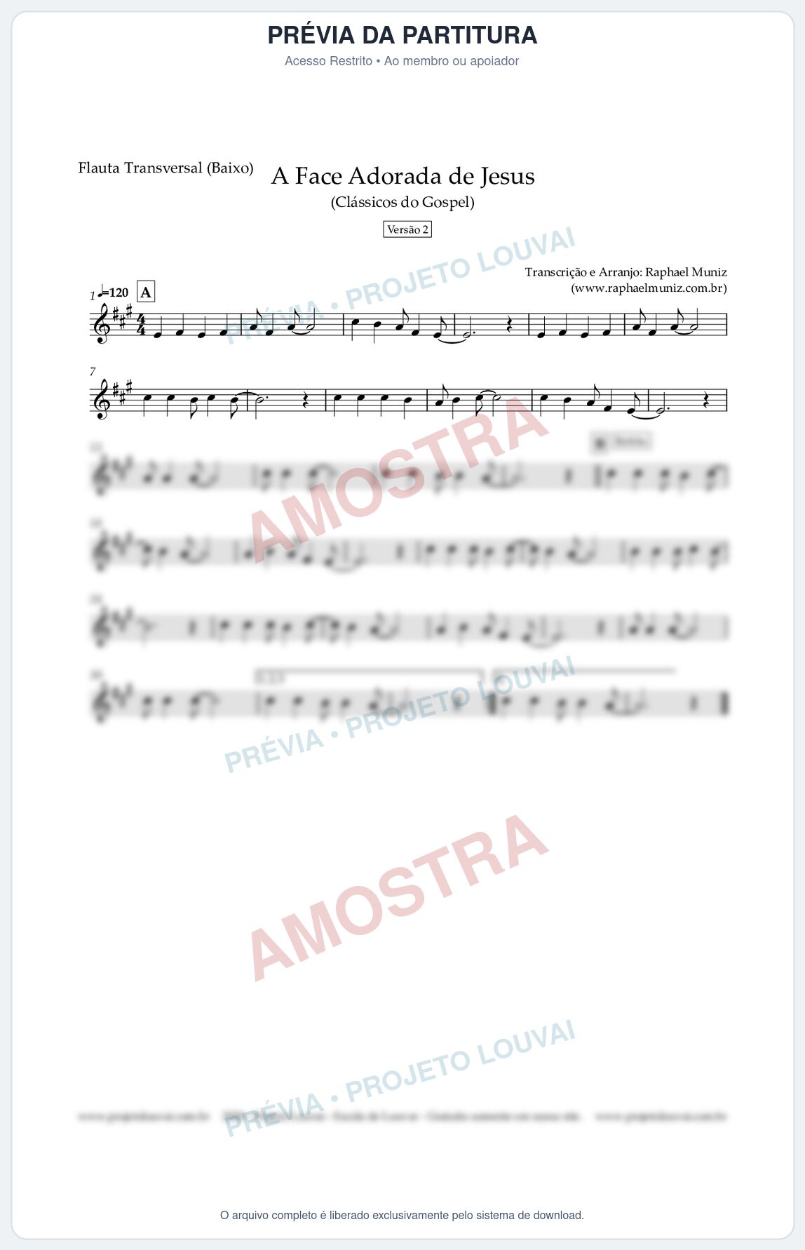Prévia protegida da primeira página da partitura Partitura para Flauta Transversal (Baixo) - A Face Adorada de Jesus - Harpa Cristã 304 (Versão 2) (Tom A) - Clássicos do Gospel