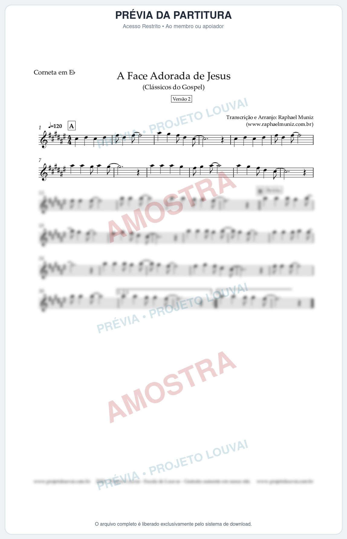 Prévia protegida da primeira página da partitura Partitura para Corneta em Eb - A Face Adorada de Jesus - Harpa Cristã 304 (Versão 2) (Tom A) - Clássicos do Gospel