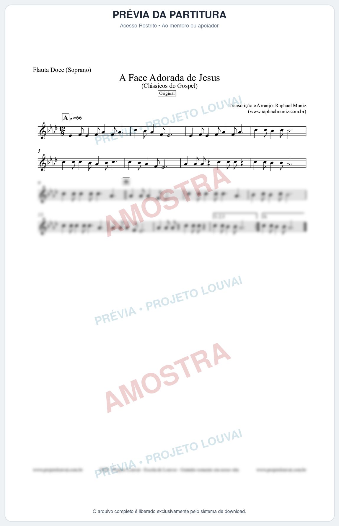 Prévia protegida da primeira página da partitura Partitura para Flauta Doce (Soprano) - A Face Adorada de Jesus - Harpa Cristã 304 (Tom Ab) - Clássicos do Gospel