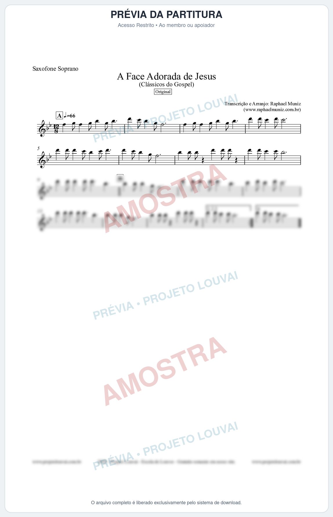 Prévia protegida da primeira página da partitura Partitura para Saxofone Soprano - A Face Adorada de Jesus - Harpa Cristã 304 (Tom Ab) - Clássicos do Gospel