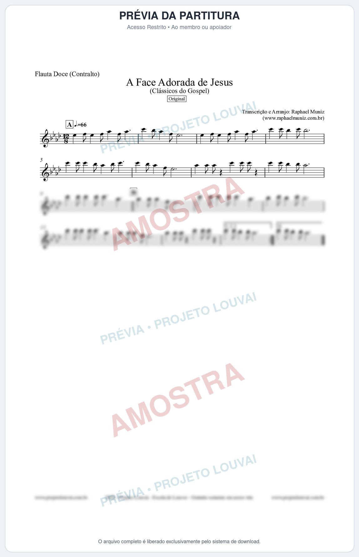 Prévia protegida da primeira página da partitura Partitura para Flauta Doce (Contralto) - A Face Adorada de Jesus - Harpa Cristã 304 (Tom Ab) - Clássicos do Gospel