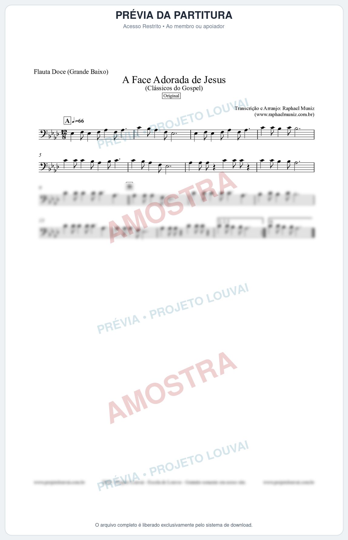 Prévia protegida da primeira página da partitura Partitura para Flauta Doce (Grande Baixo) - A Face Adorada de Jesus - Harpa Cristã 304 (Tom Ab) - Clássicos do Gospel