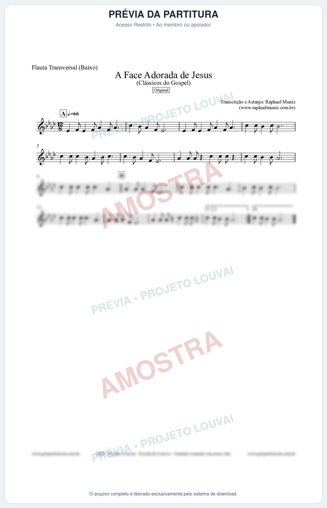 Prévia protegida da primeira página da partitura Partitura para Flauta Transversal (Baixo) - A Face Adorada de Jesus - Harpa Cristã 304 (Tom Ab) - Clássicos do Gospel