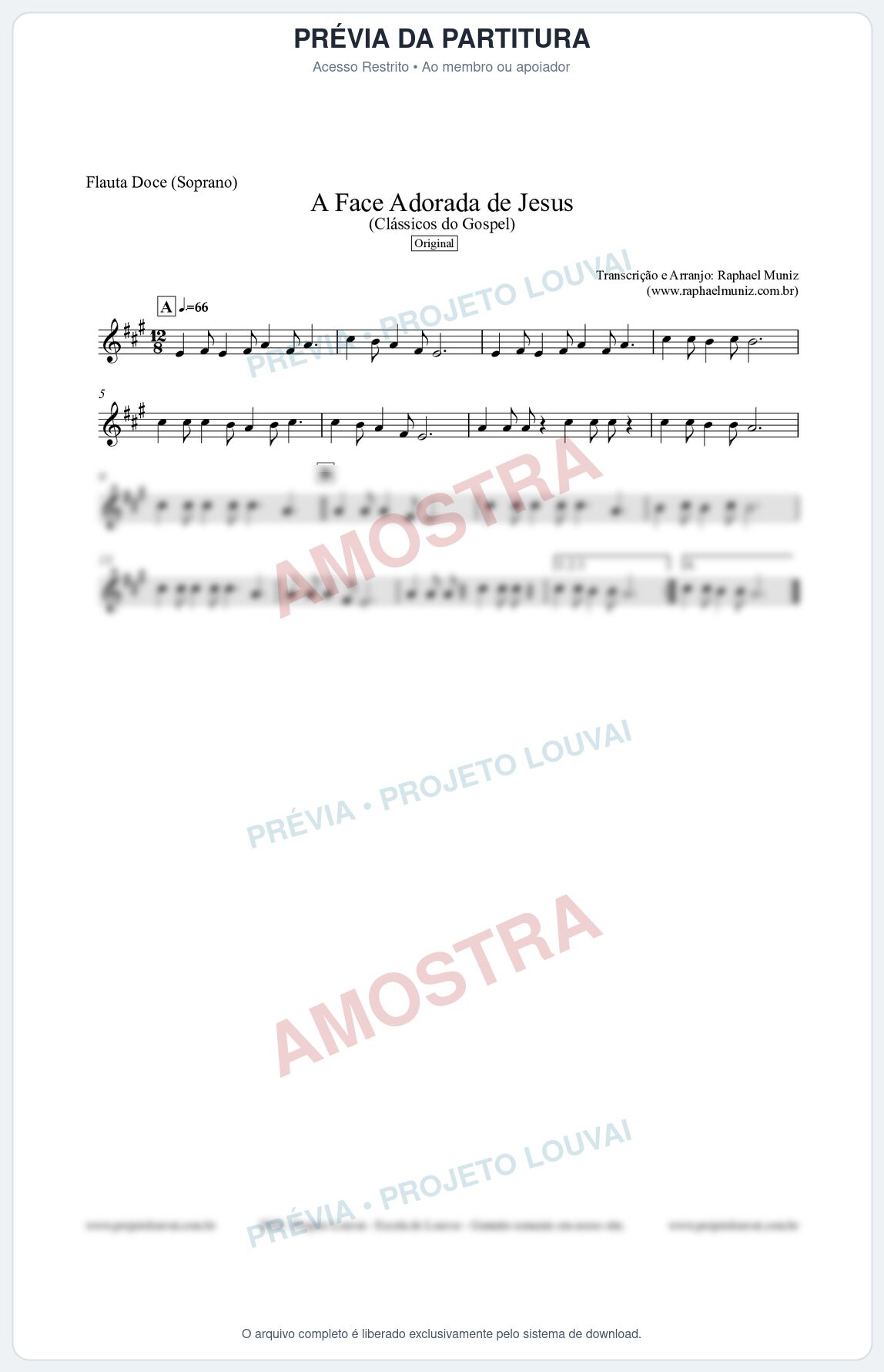 Prévia protegida da primeira página da partitura Partitura para Flauta Doce (Soprano) - A Face Adorada de Jesus - Harpa Cristã 304 (Tom A) - Clássicos do Gospel