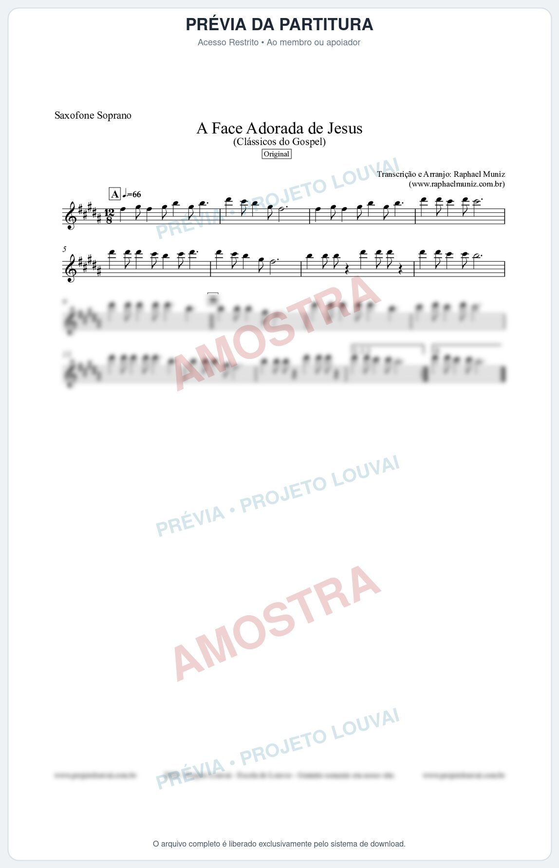 Prévia protegida da primeira página da partitura Partitura para Saxofone Soprano - A Face Adorada de Jesus - Harpa Cristã 304 (Tom A) - Clássicos do Gospel