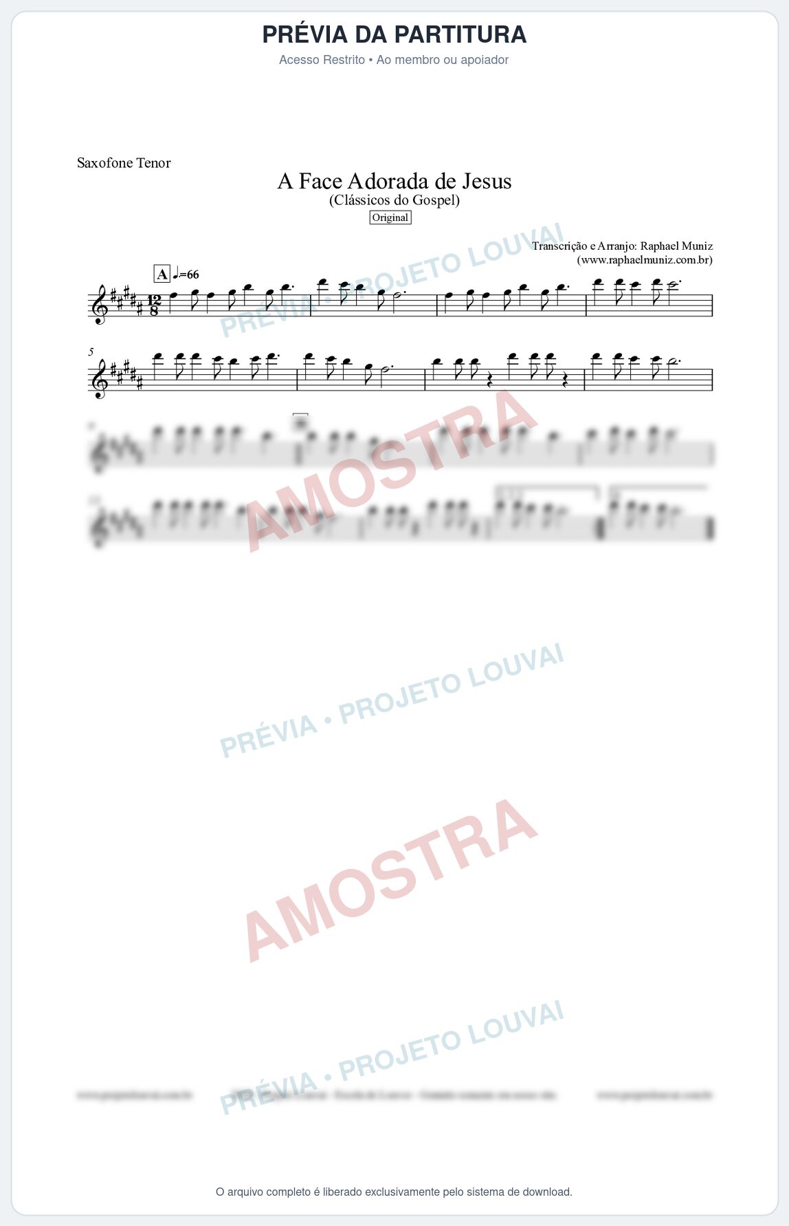 Prévia protegida da primeira página da partitura Partitura para Saxofone Tenor - A Face Adorada de Jesus - Harpa Cristã 304 (Tom A) - Clássicos do Gospel