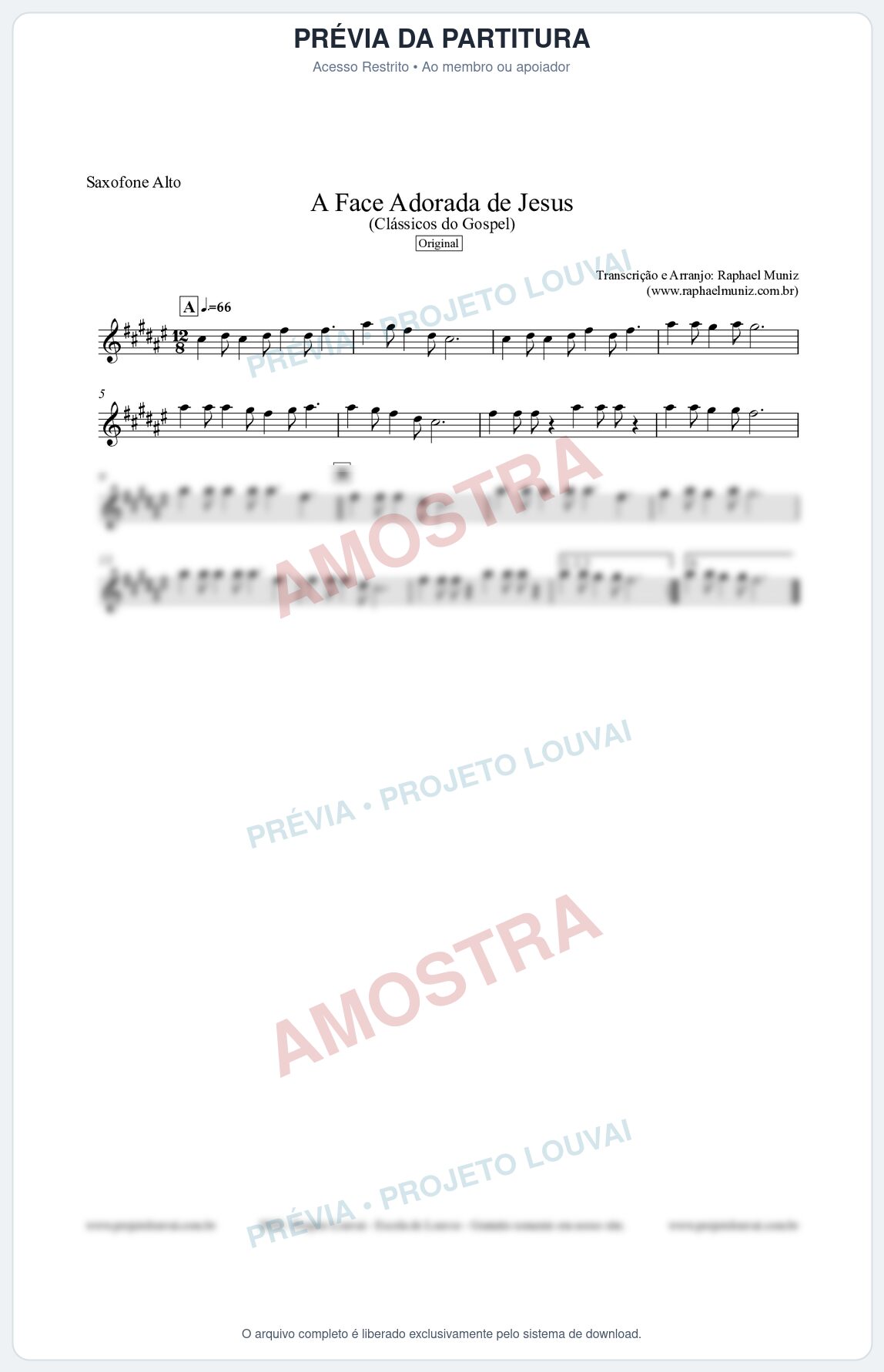 Prévia protegida da primeira página da partitura Partitura para Saxofone Alto - A Face Adorada de Jesus - Harpa Cristã 304 (Tom A) - Clássicos do Gospel