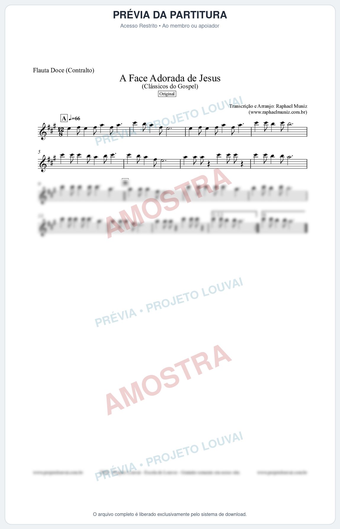 Prévia protegida da primeira página da partitura Partitura para Flauta Doce (Contralto) - A Face Adorada de Jesus - Harpa Cristã 304 (Tom A) - Clássicos do Gospel