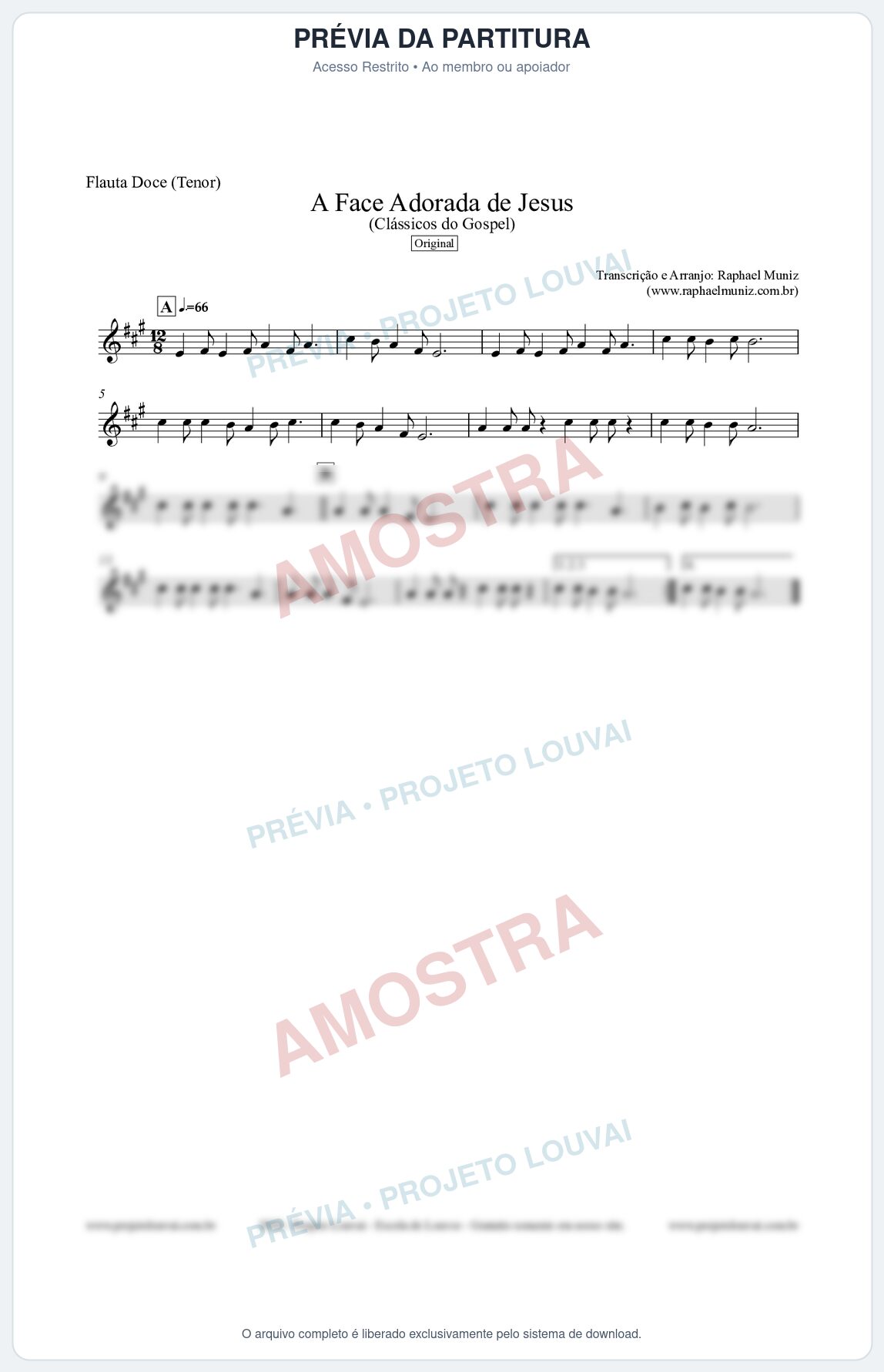 Prévia protegida da primeira página da partitura Partitura para Flauta Doce (Tenor) - A Face Adorada de Jesus - Harpa Cristã 304 (Tom A) - Clássicos do Gospel