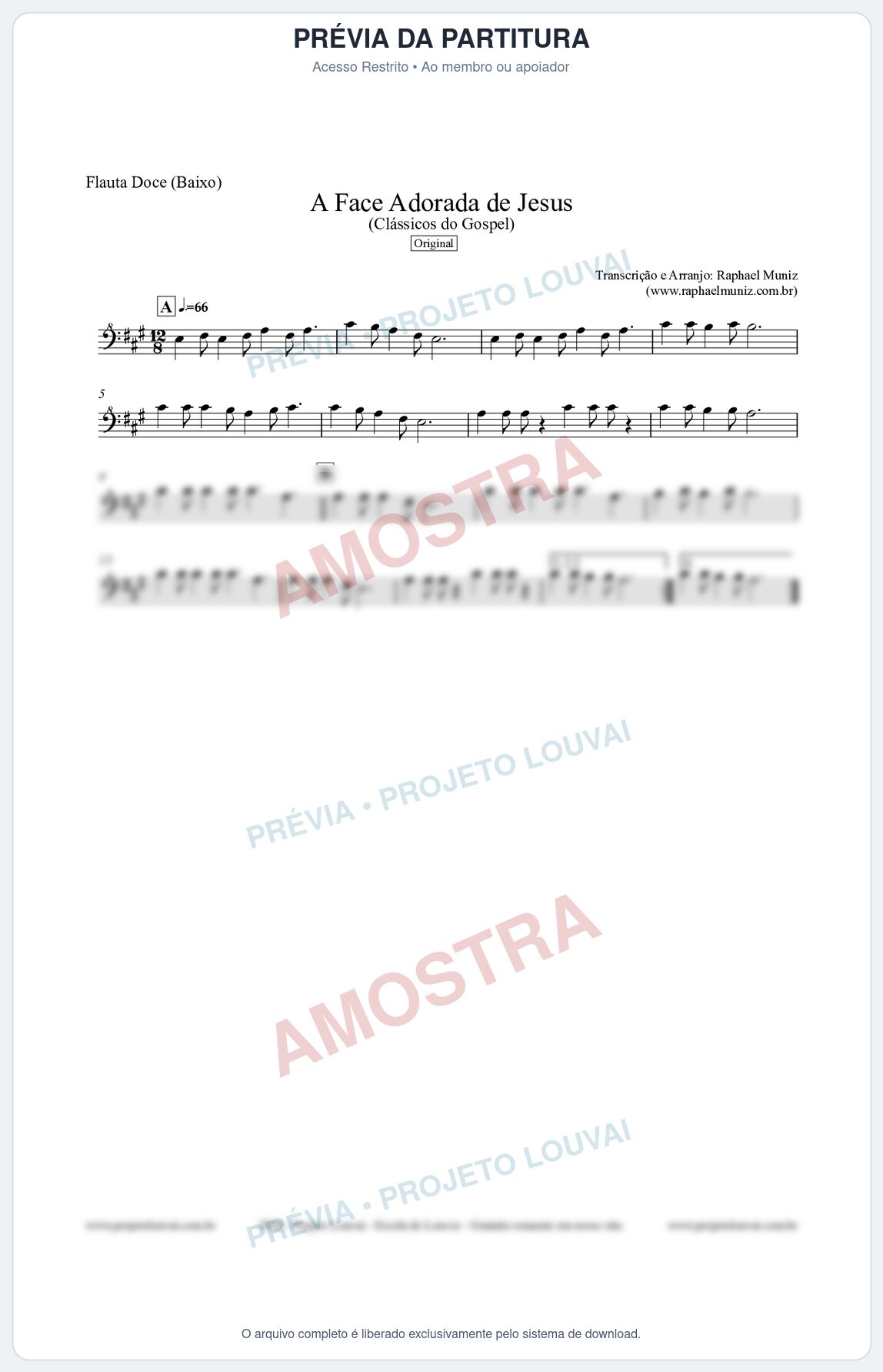 Prévia protegida da primeira página da partitura Partitura para Flauta Doce (Baixo) - A Face Adorada de Jesus - Harpa Cristã 304 (Tom A) - Clássicos do Gospel