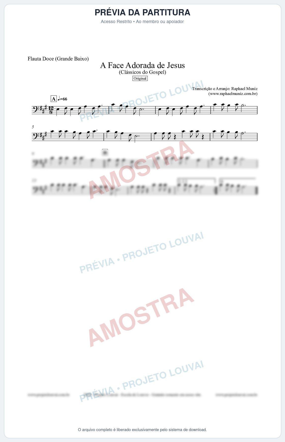 Prévia protegida da primeira página da partitura Partitura para Flauta Doce (Grande Baixo) - A Face Adorada de Jesus - Harpa Cristã 304 (Tom A) - Clássicos do Gospel