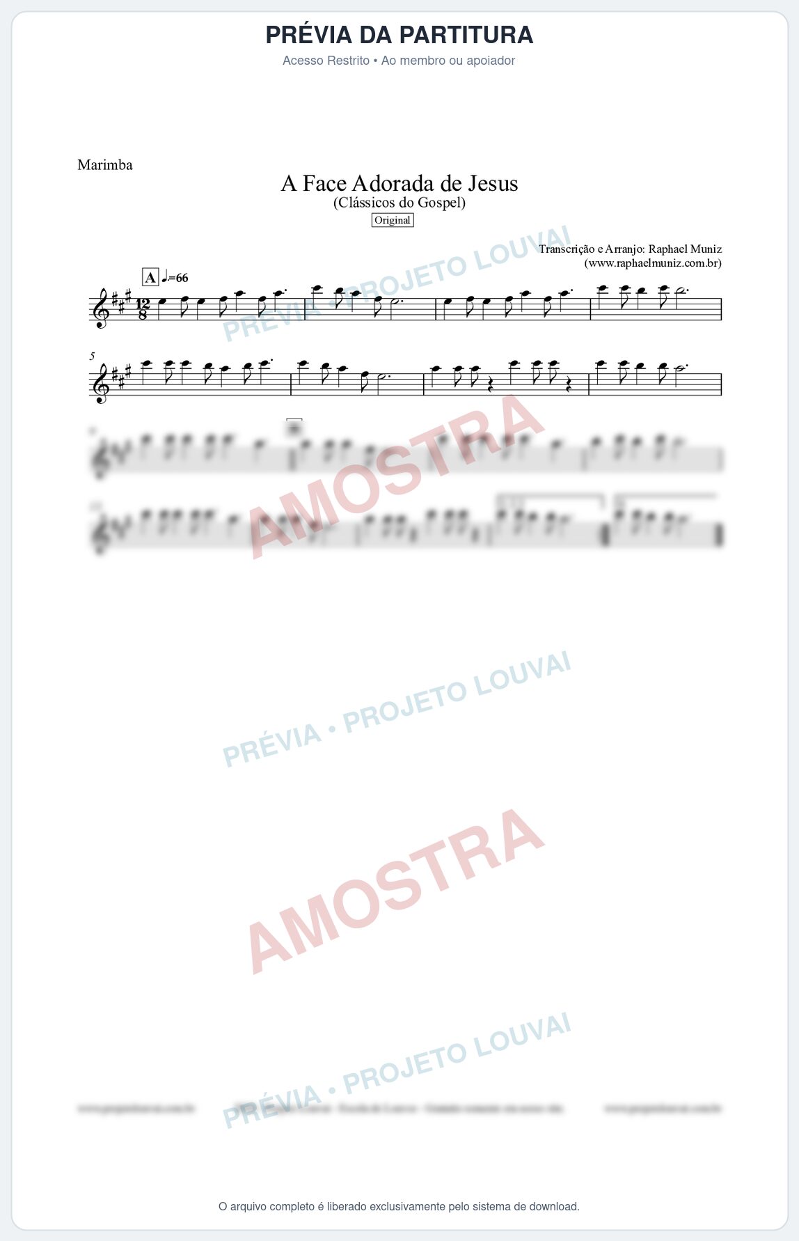 Prévia protegida da primeira página da partitura Partitura para Marimba - A Face Adorada de Jesus - Harpa Cristã 304 (Tom A) - Clássicos do Gospel