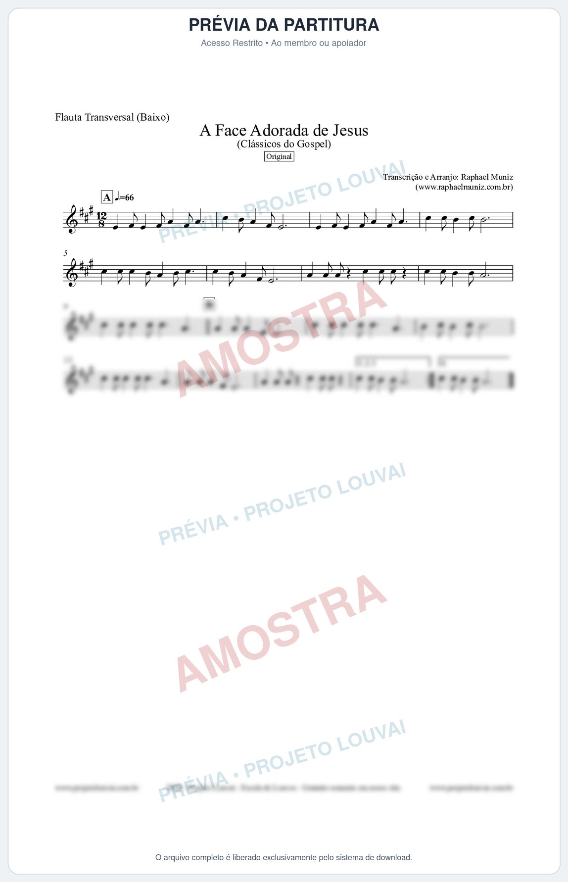Prévia protegida da primeira página da partitura Partitura para Flauta Transversal (Baixo) - A Face Adorada de Jesus - Harpa Cristã 304 (Tom A) - Clássicos do Gospel